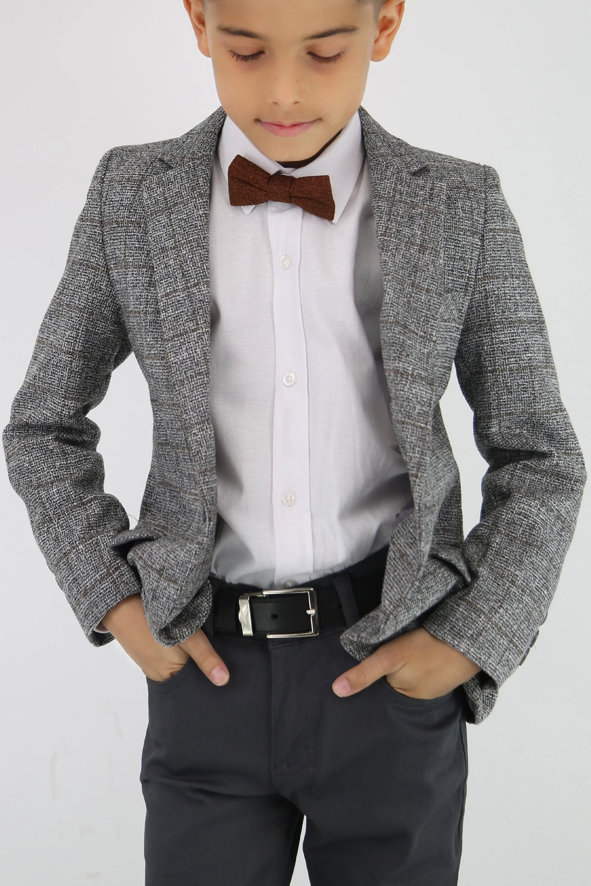 Boys Cotton Blend Tweed Like Check Blazer - Grey - Image 5