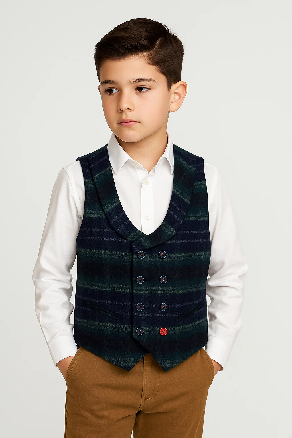 Boys’ Double Breasted Check Tweed Waistcoat - Green