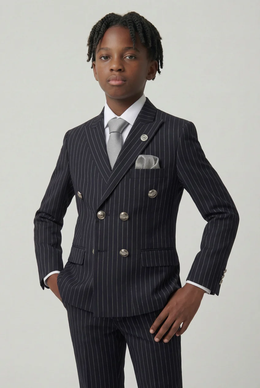 Boys Double-Breasted Pinstripe Suit - 3-Piece & 6-Piece Set - Black - Image 3