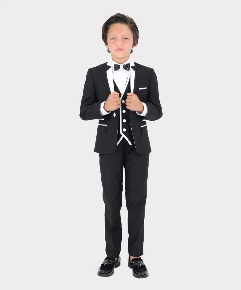 Boys Exclusive Piping Tuxedo Suit - Black - White - Image 2