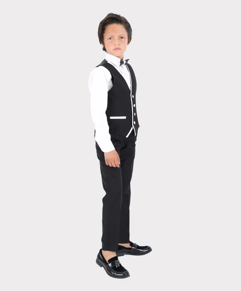 Boys Exclusive Piping Tuxedo Suit - Black - White - Image 3