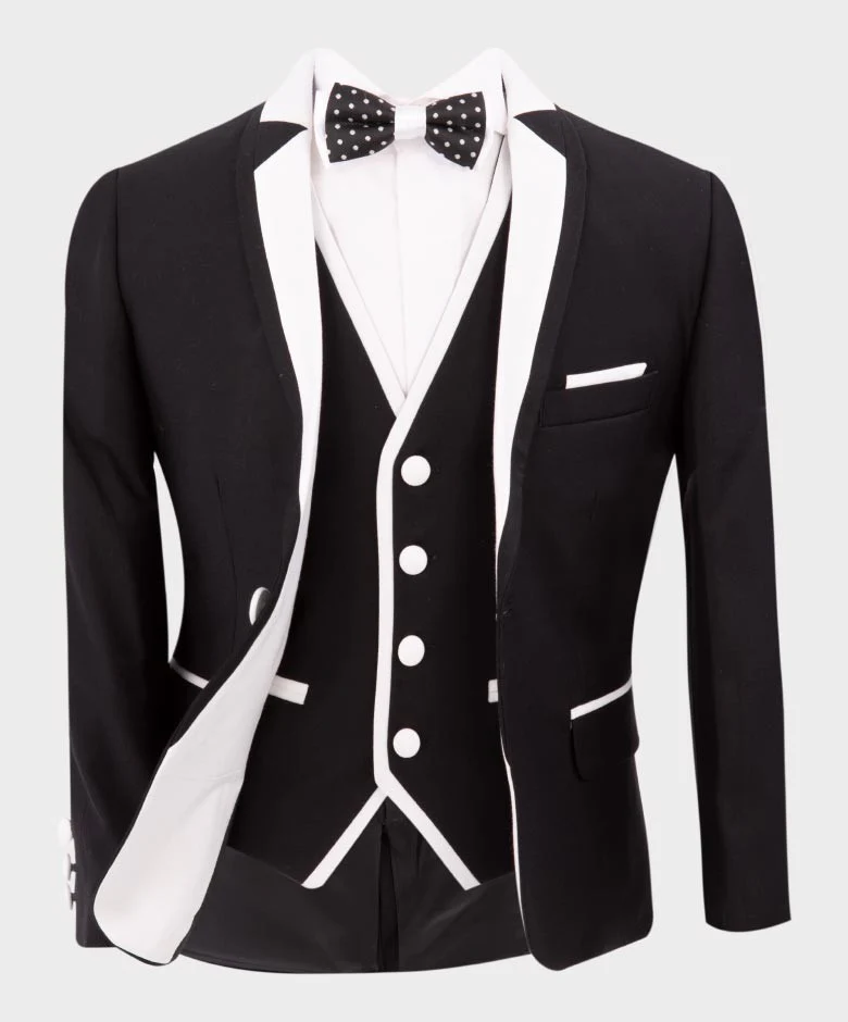 Boys Exclusive Piping Tuxedo Suit - Black - White - Image 4