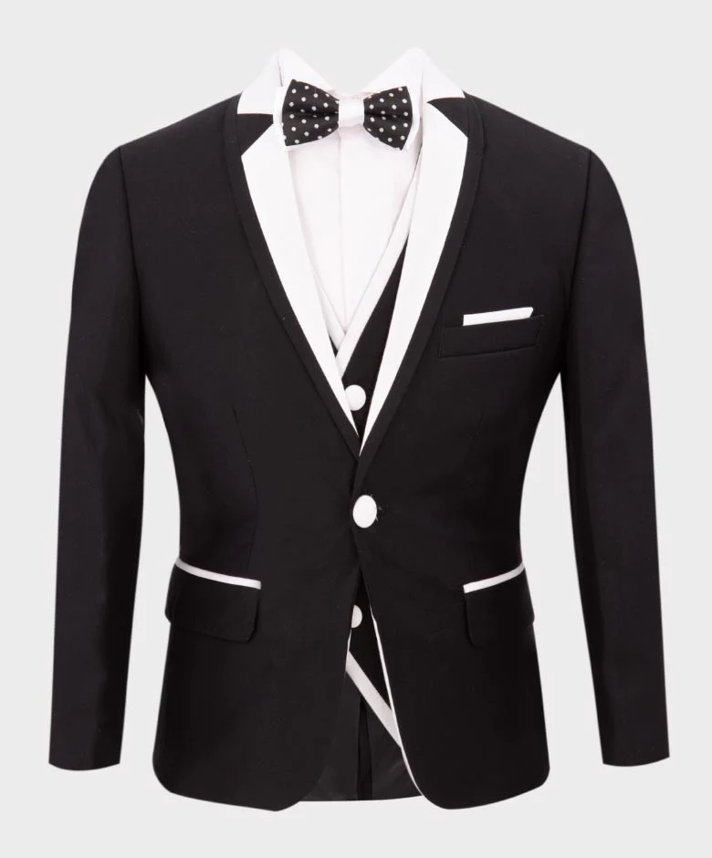 Boys Exclusive Piping Tuxedo Suit - Black - White - Image 5