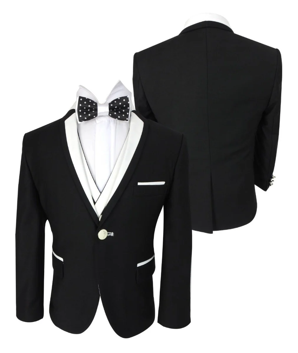 Boys Exclusive Piping Tuxedo Suit - Black - White - Image 6