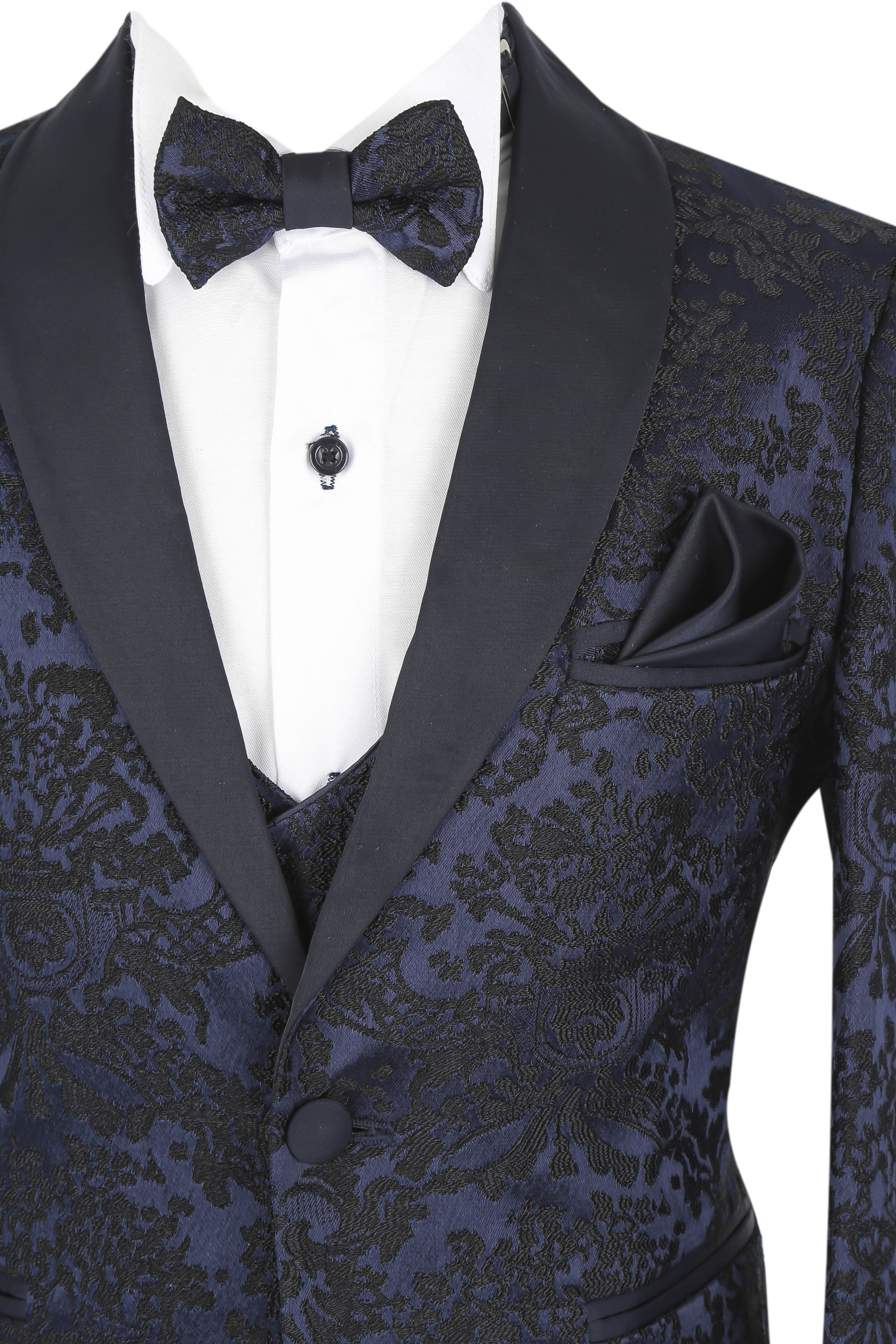 Boys Floral Embroidered Tuxedo Suit Set - Navy Blue - Image 3