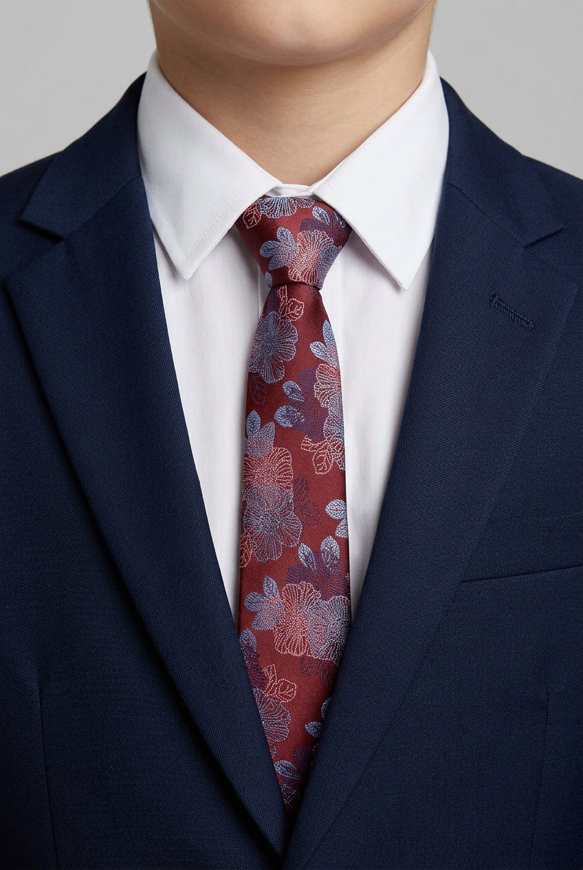 Boys Floral Jacquard Slim Tie - Red - Image 3