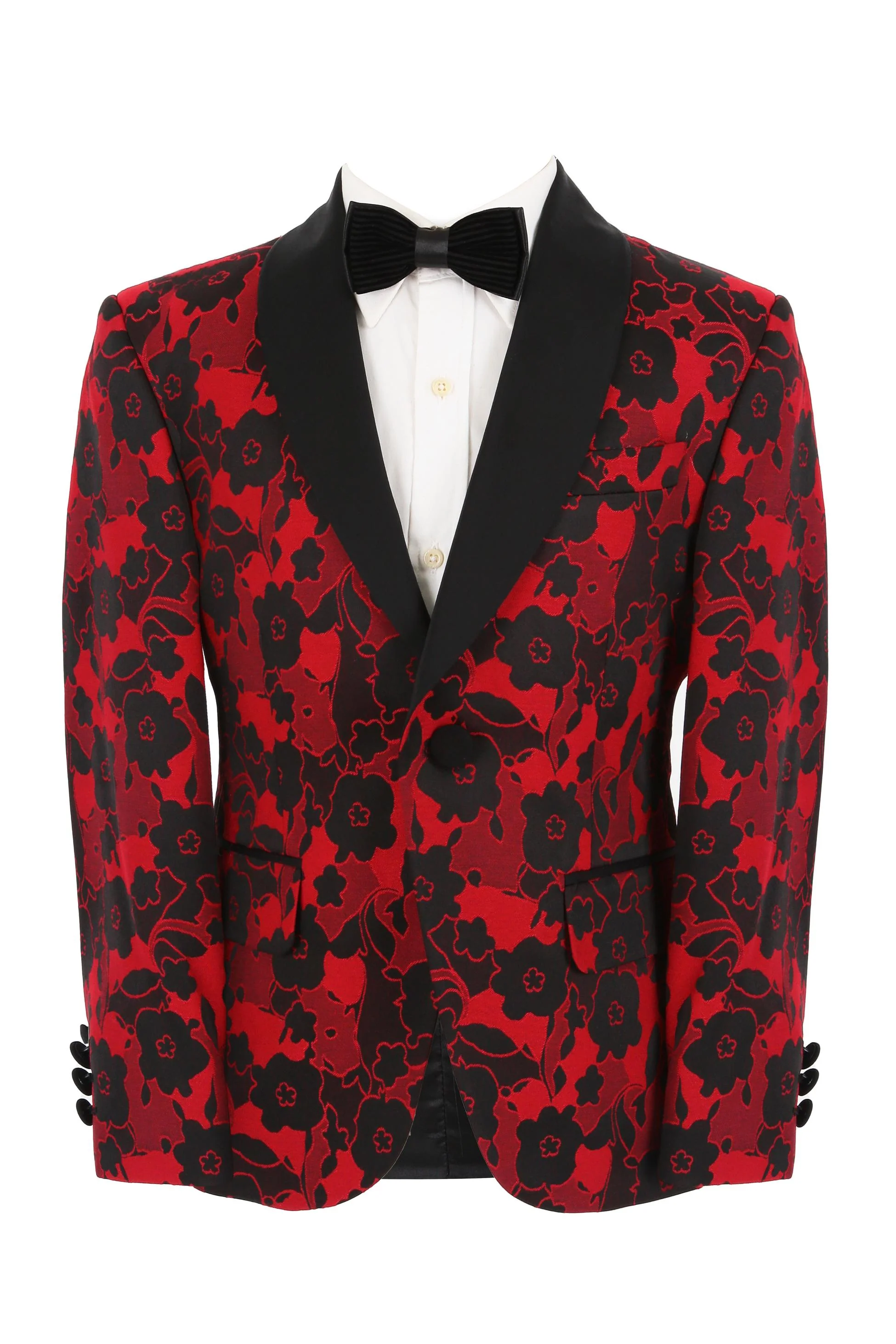 Boys Floral Print Tuxedo Suit - Black - Red - Image 2