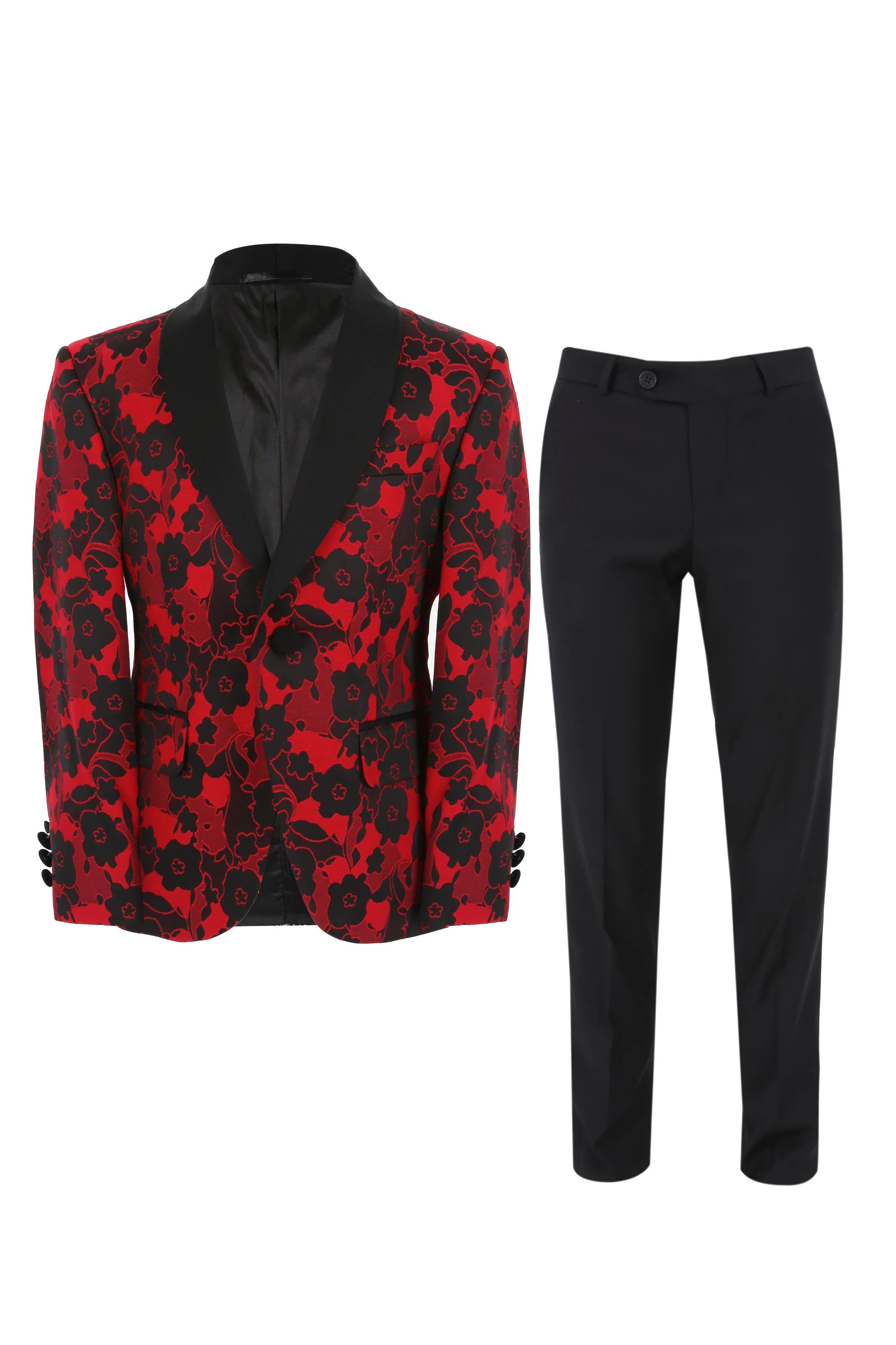 Boys Floral Print Tuxedo Suit - Black - Red - Image 5