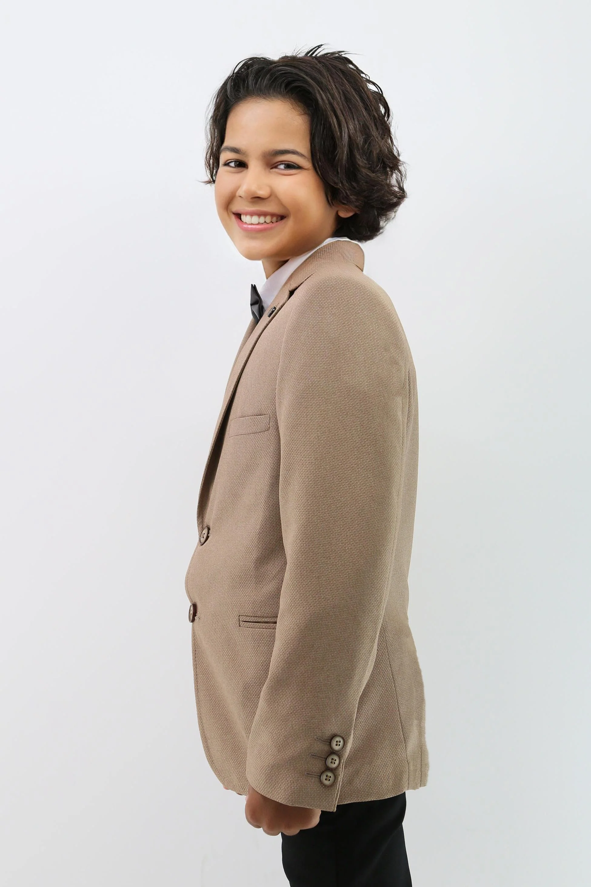 Boys' Formal Beige Textured Blazer Jacket - Beige - Image 3