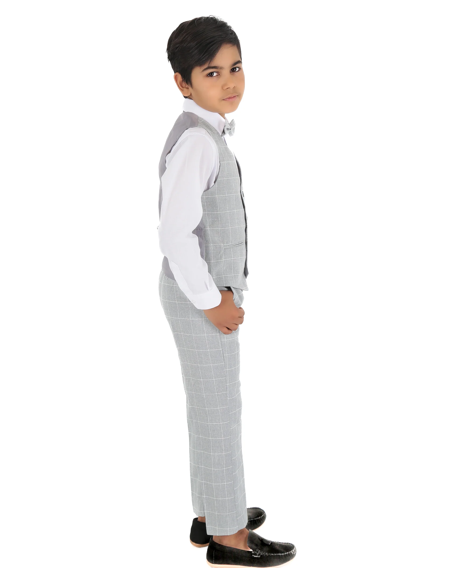 Boys Windowpane Check Grey Waistcoat Set - E-SAM - Light Grey - Image 3