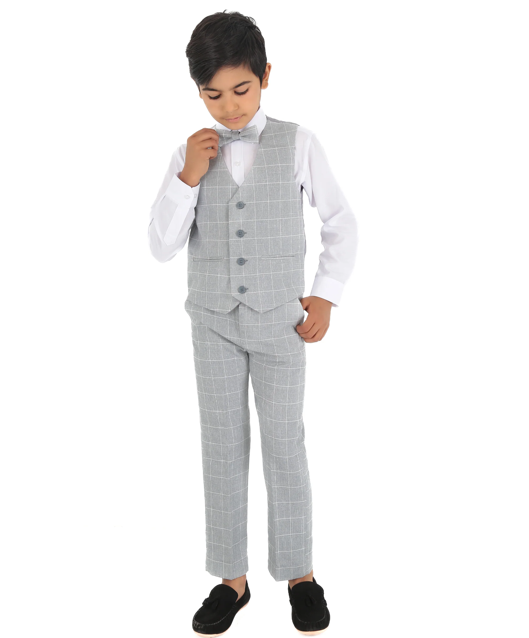 Boys Windowpane Check Grey Waistcoat Set - E-SAM - Light Grey - Image 4