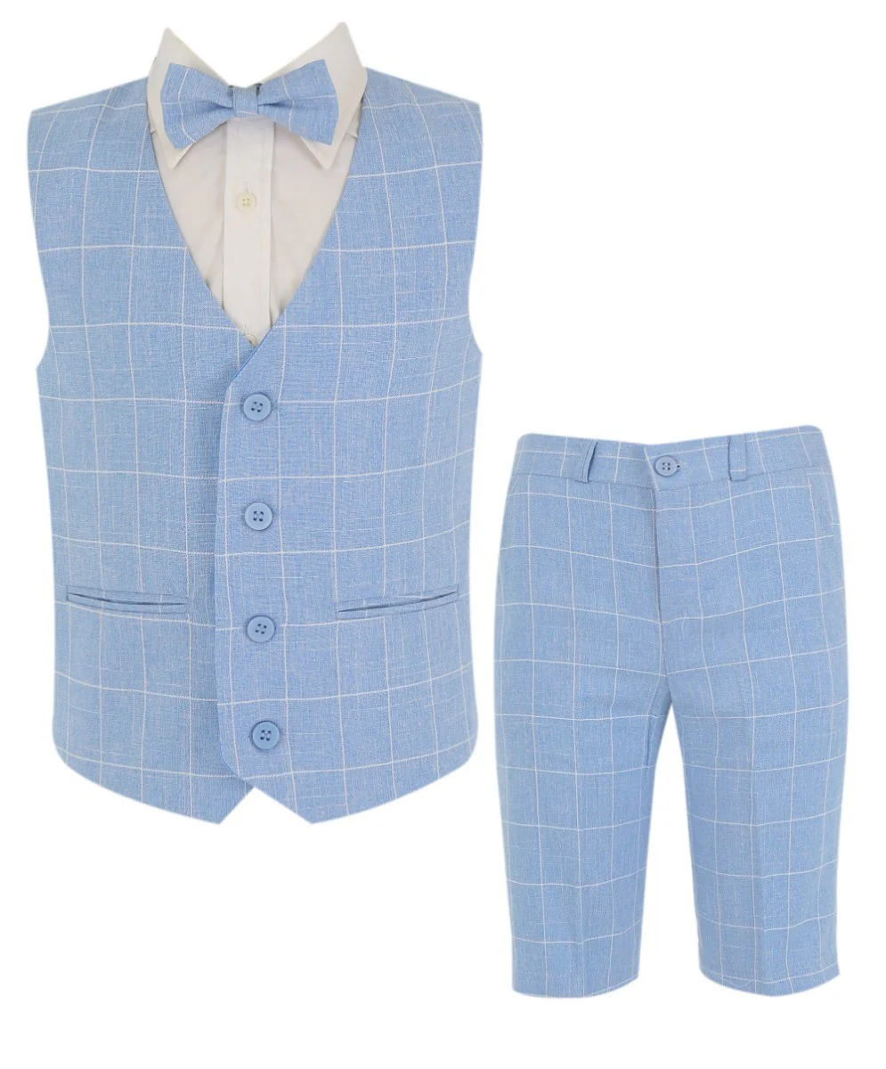 Boys Windowpane Check Blue Waistcoat Set - E-SAM - Blue - Image 3