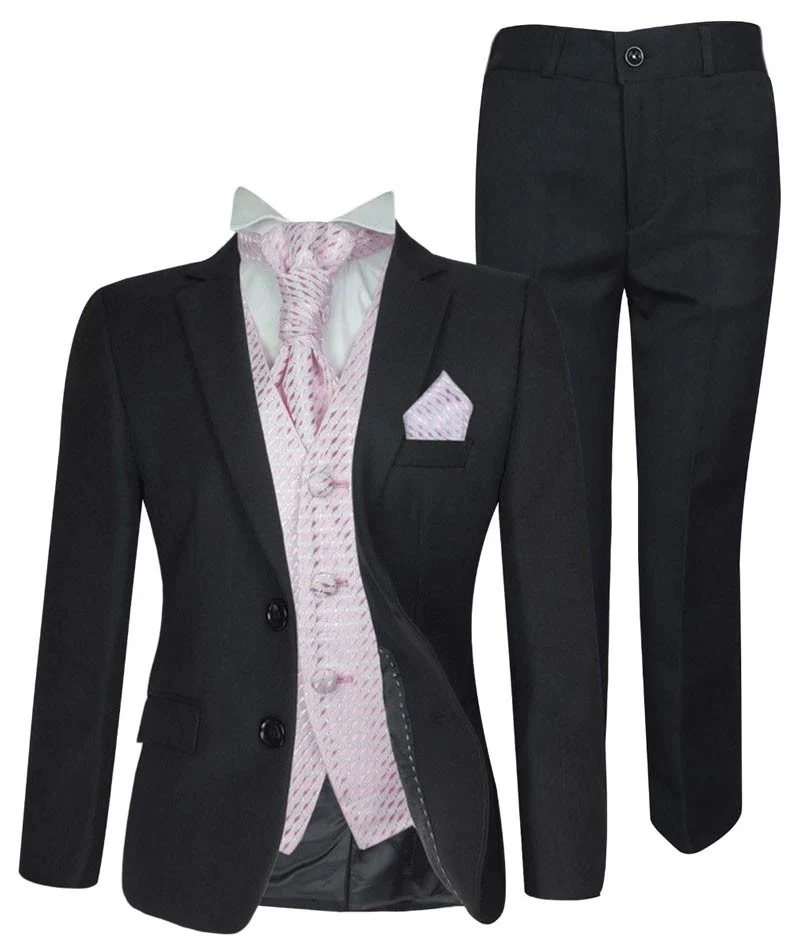 Boys Formal Suit with Patterned Waistcoat and Cravat Set - Antonio - Black - Pink - Image 3