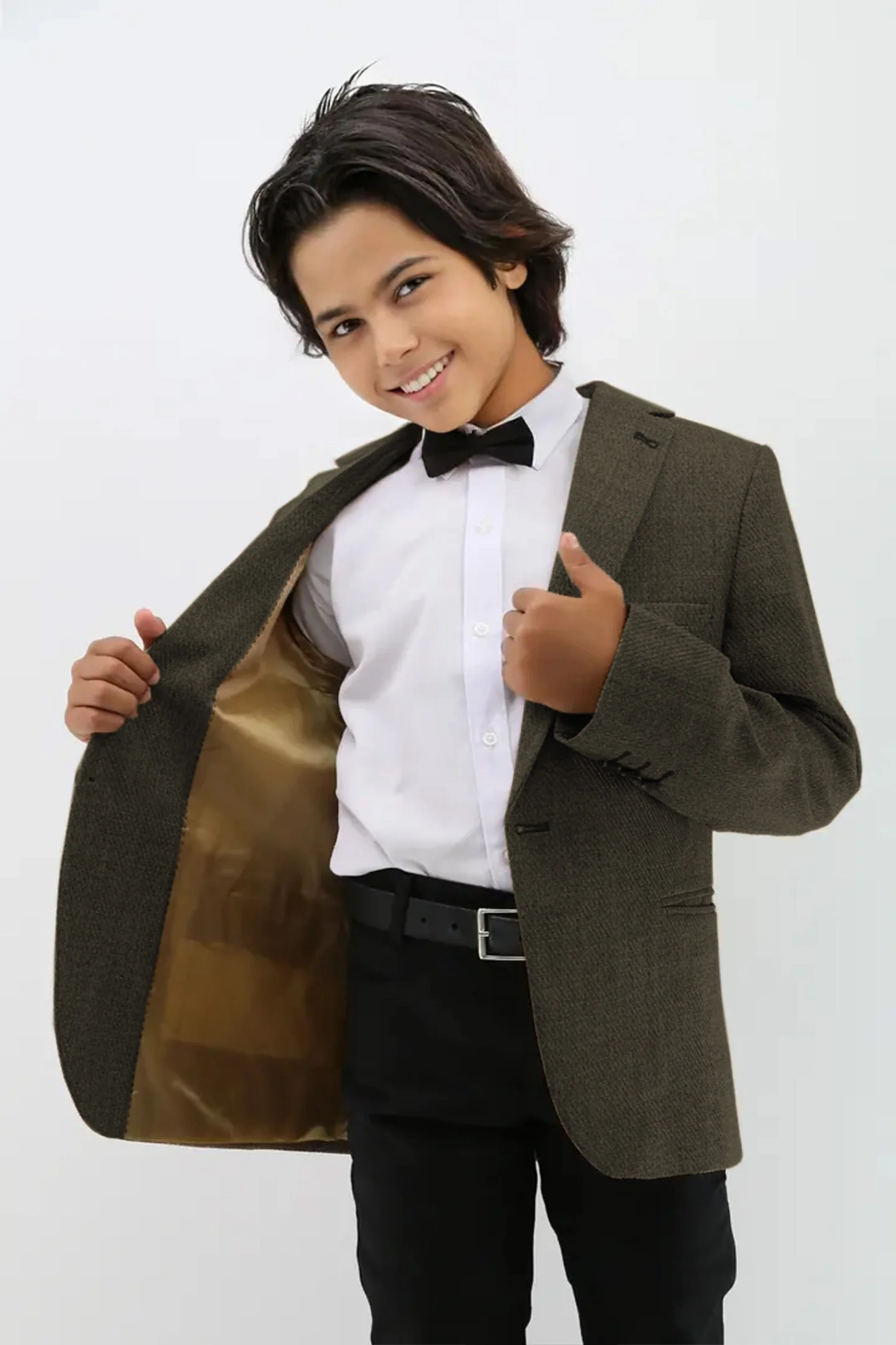 Boys Formal Textured Tweed Blazer - Khaki Green - Image 3