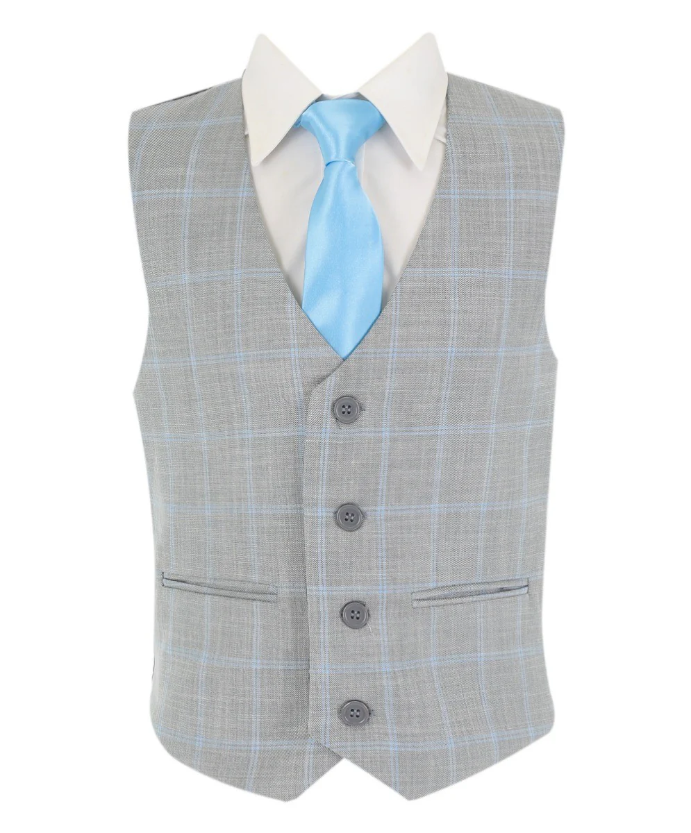 Boys Windowpane Check 6 Piece Suit Set - Grey - Image 5