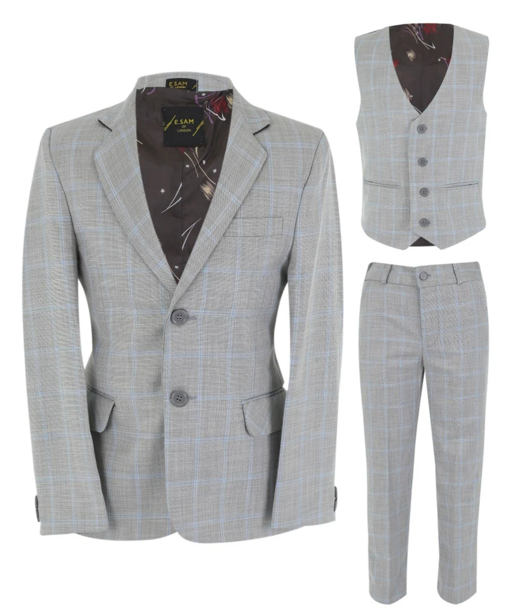 Boys Windowpane Check 6 Piece Suit Set - Grey - Image 9