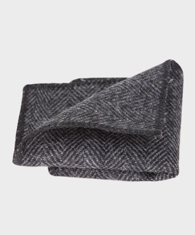 Boys Herringbone Tweed Bow Tie and Hanky Set - Charcoal Grey - Image 6