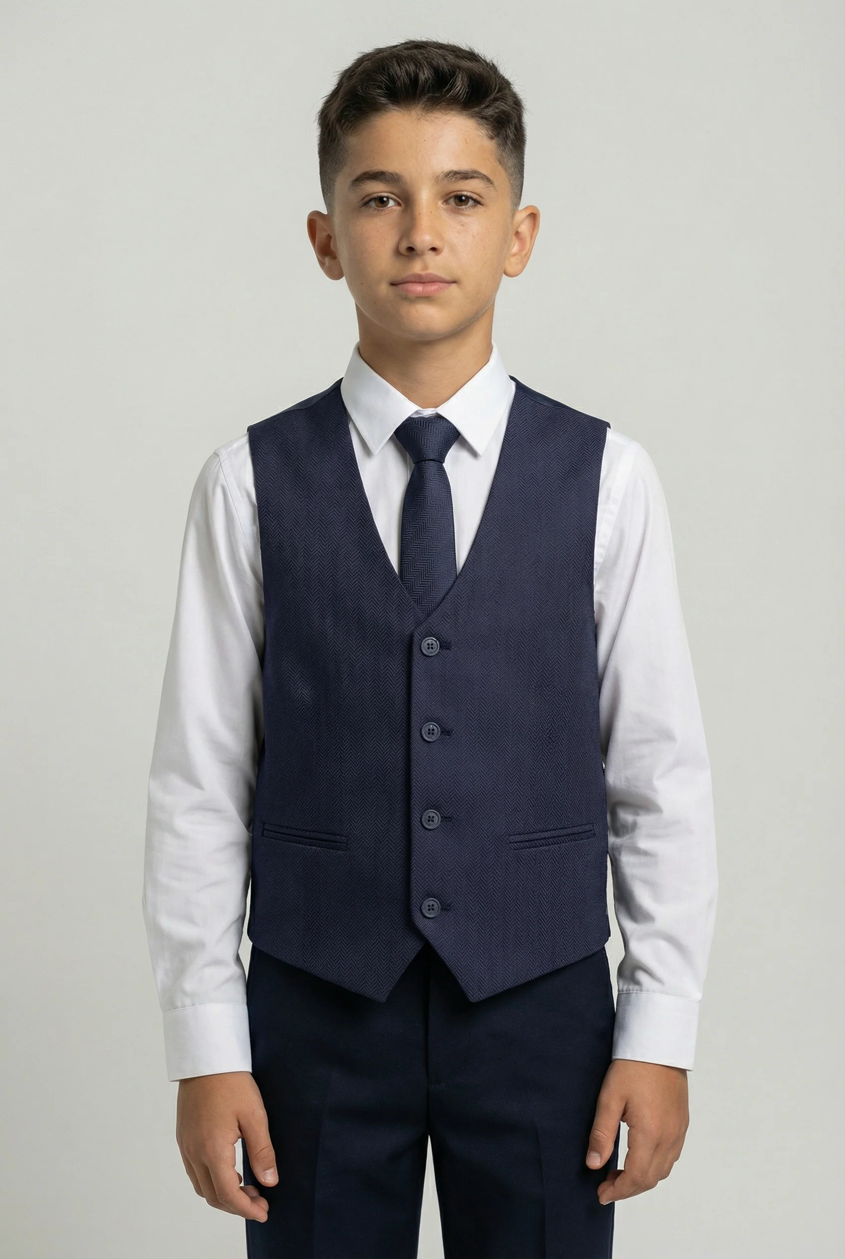 Boys Tweed Herringbone Waistcoat - Navy Blue