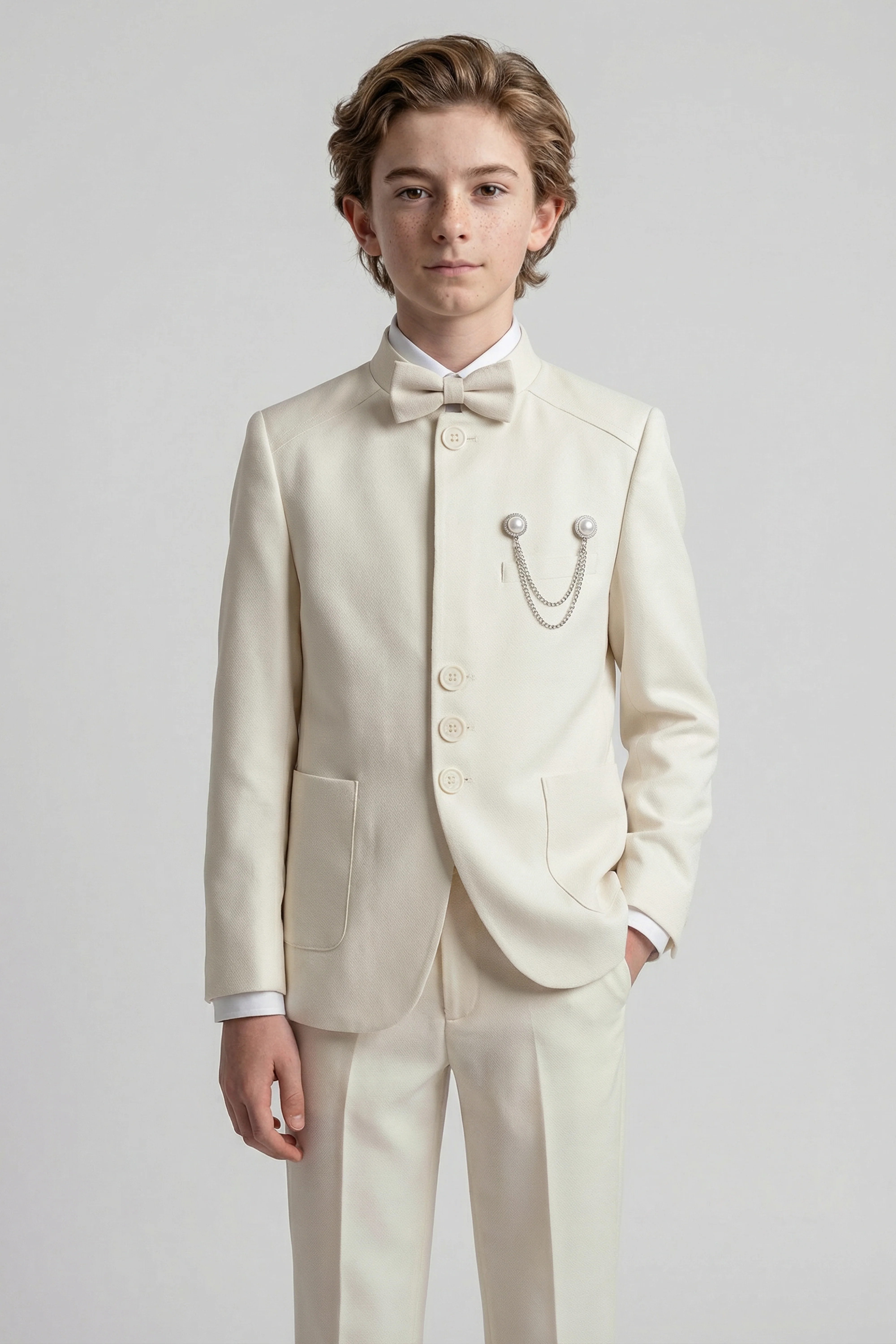 Boys’ Ivory 6-Piece Ottoman Formal Suit with Mandarin Collar - Image 2