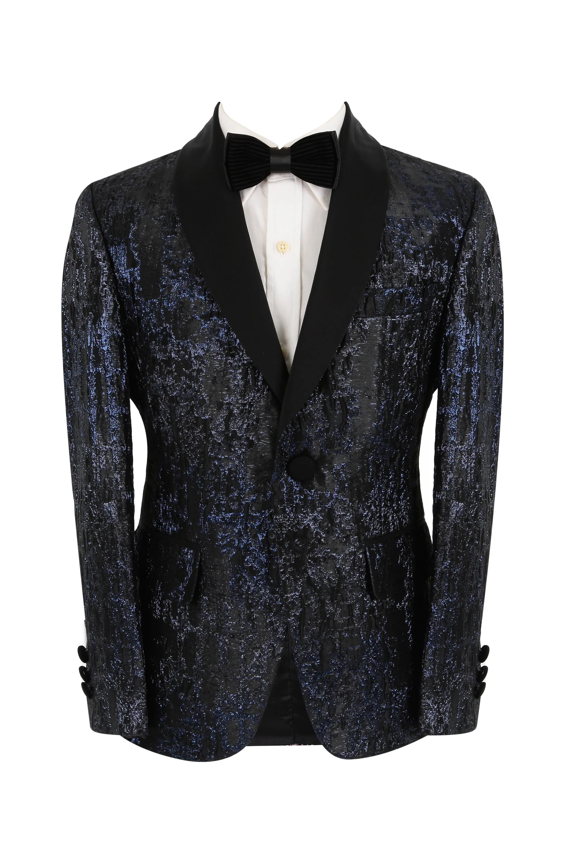 Boys Shimmery Jacquard Patterned Tuxedo Suit - Black - Navy Blue - Image 2