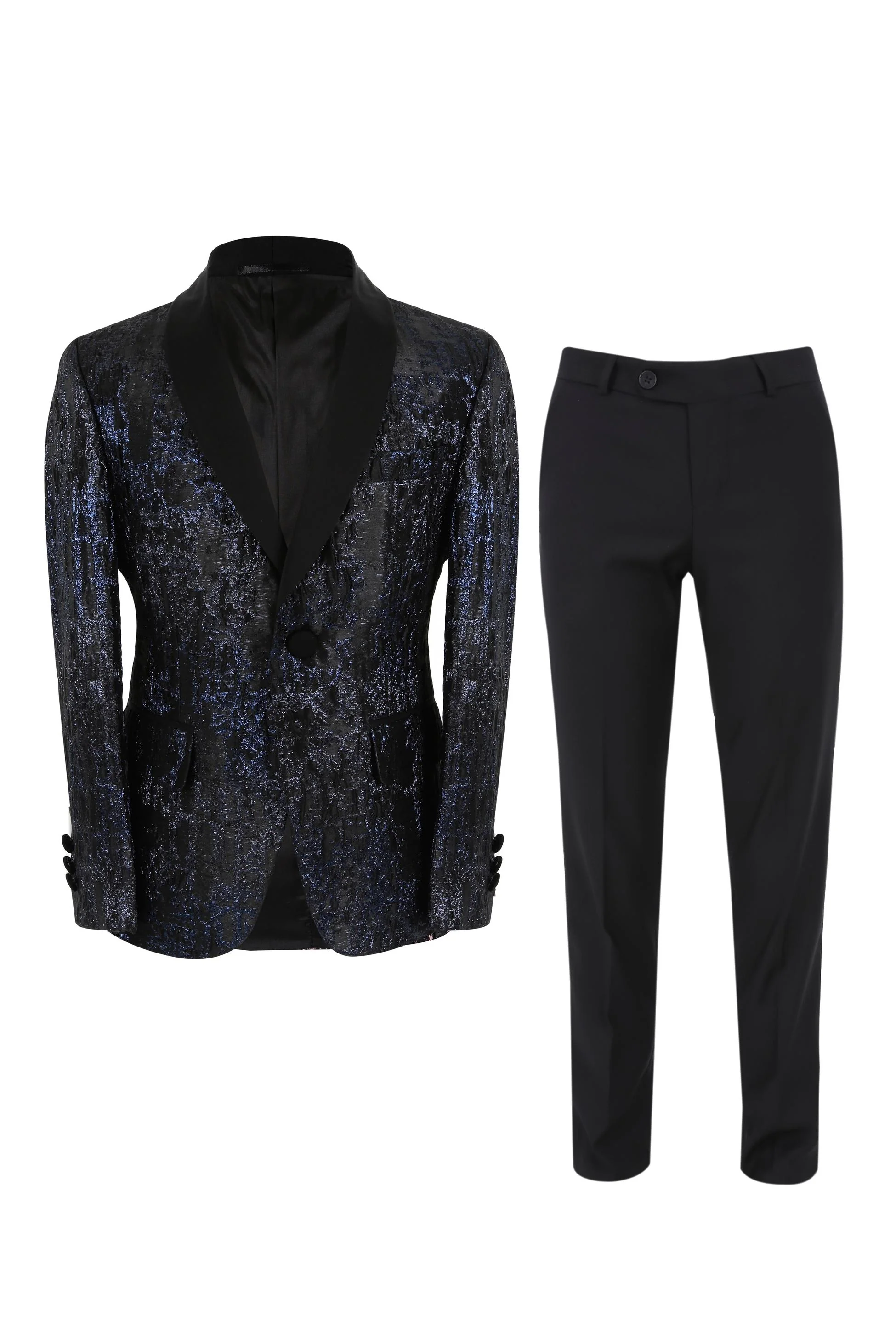 Boys Shimmery Jacquard Patterned Tuxedo Suit - Black - Navy Blue - Image 5