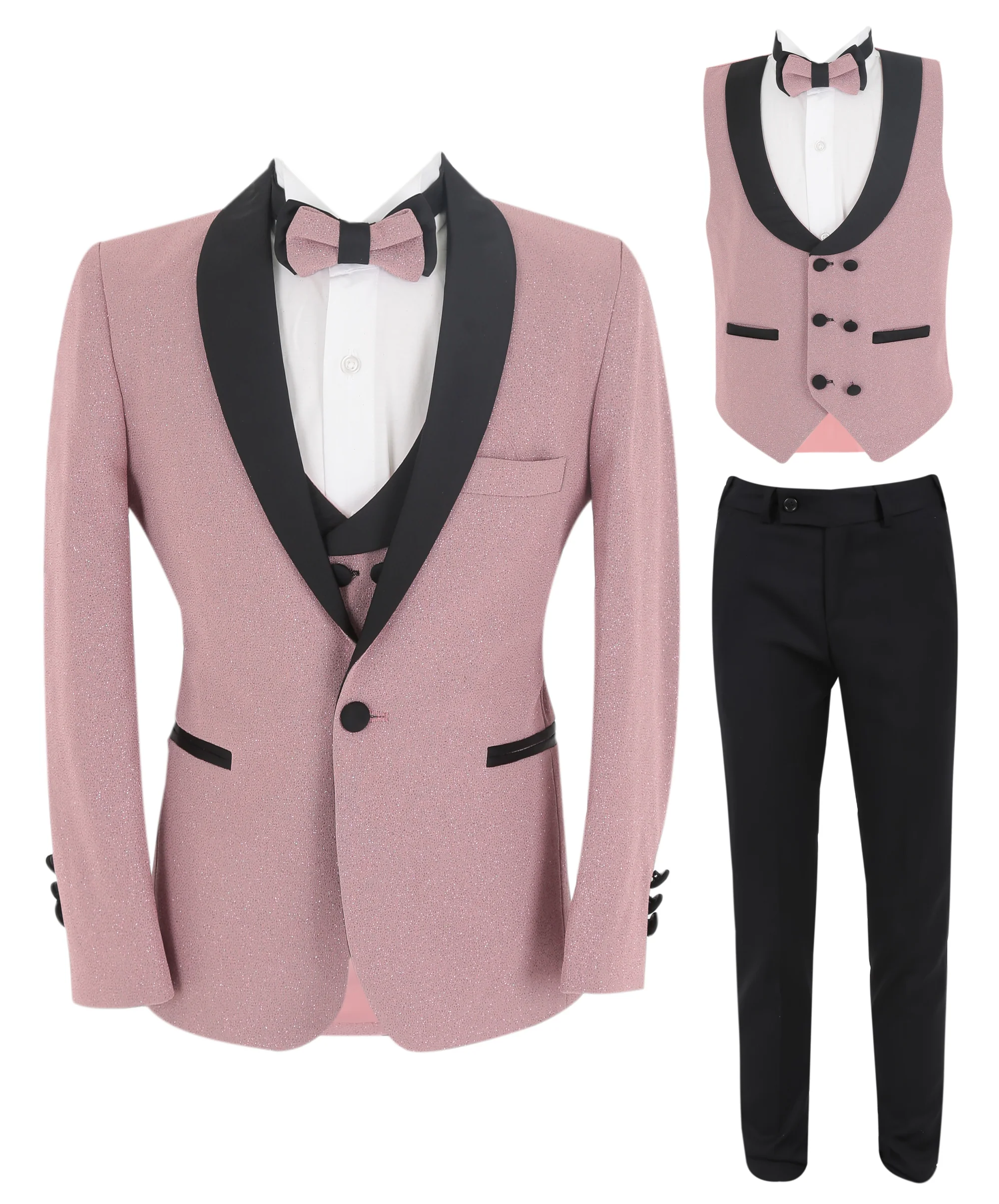 Boys Slim Fit Shimmer Tuxedo Suit - Blush Pink - Image 6