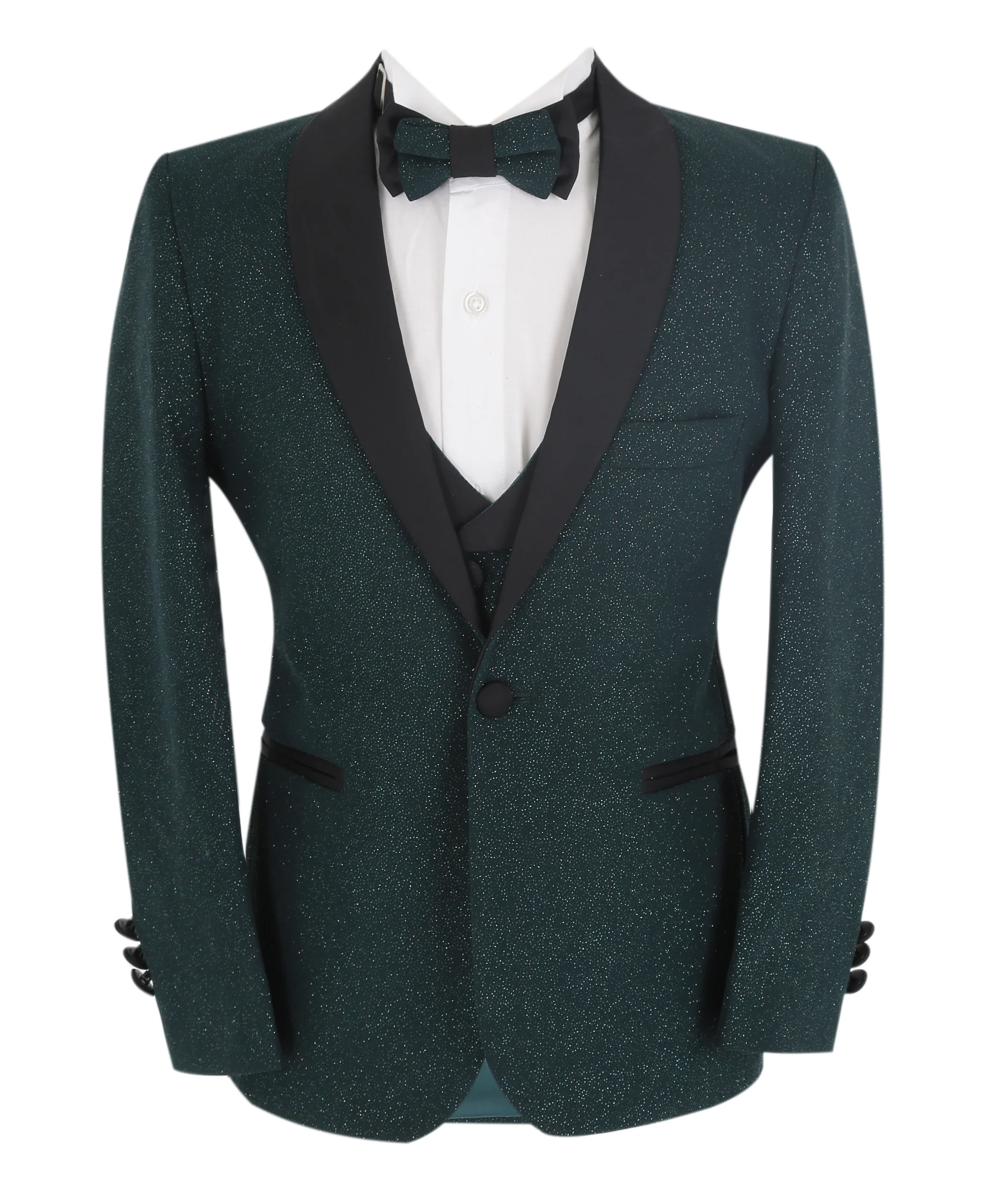 Boys Slim Fit Shimmer Tuxedo Suit - Dark Green - Image 2