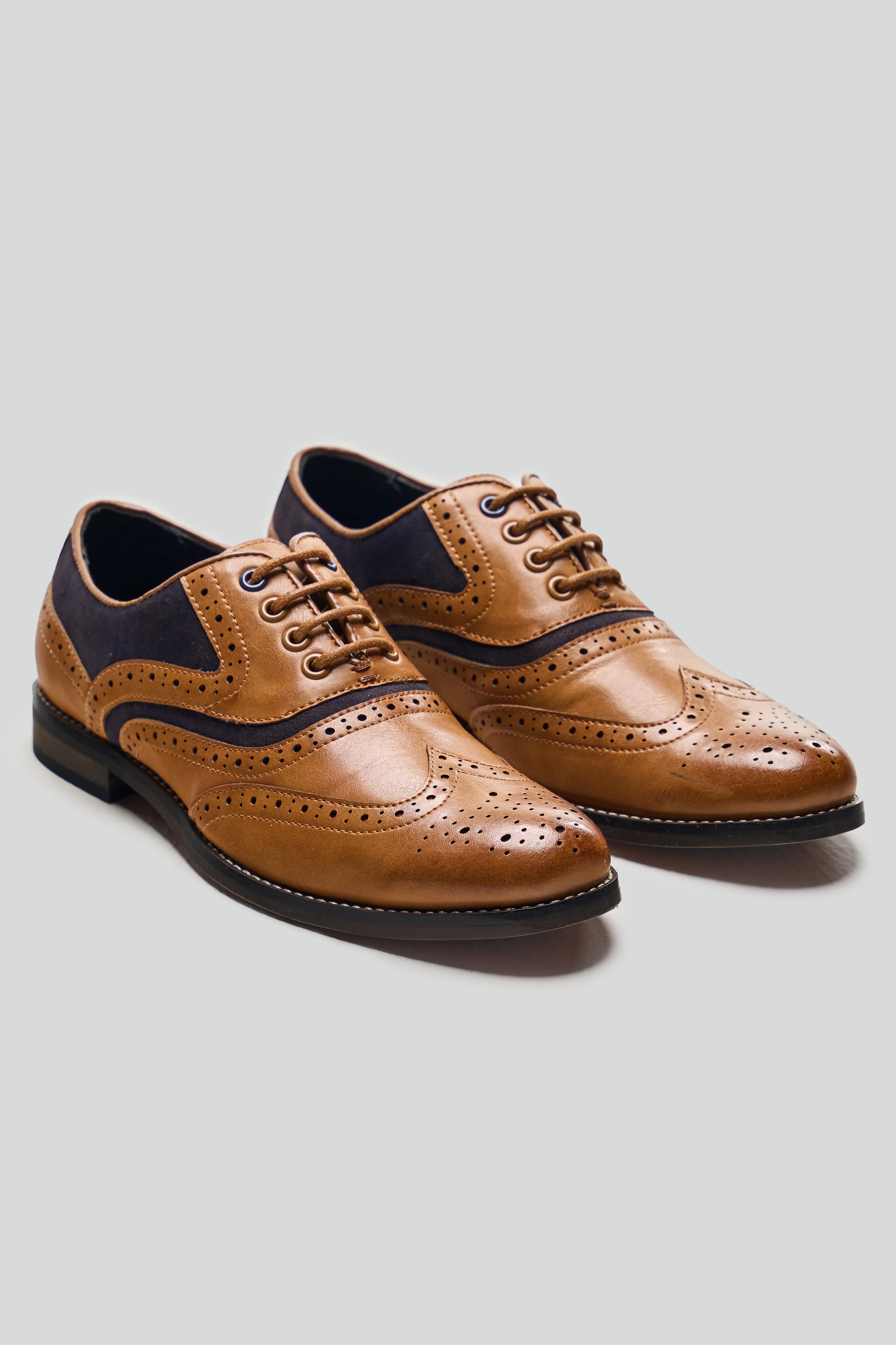 Boys Lace Up Brogue Derby Shoes - RUSSEL - Tan Brown - Navy Blue - Image 3