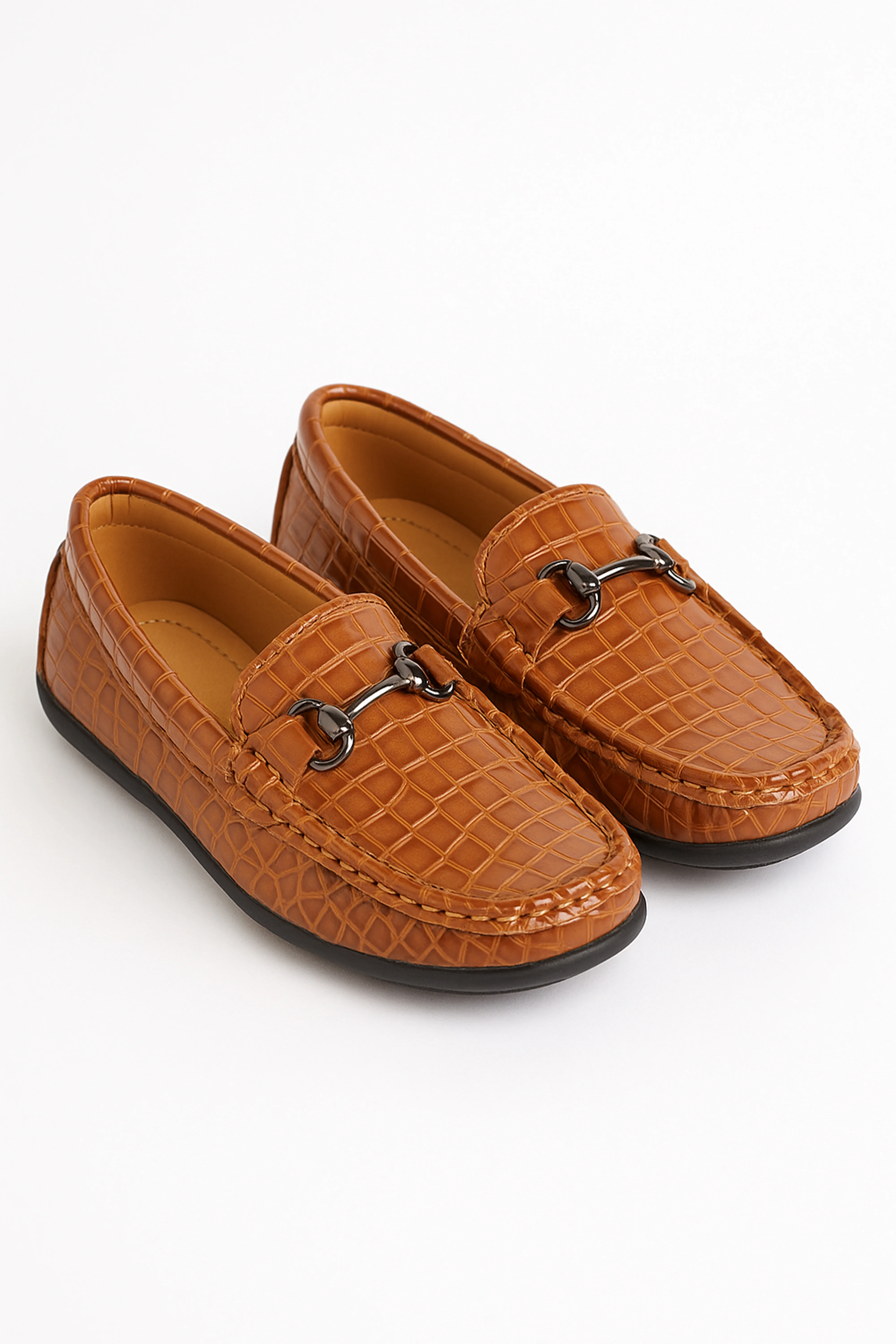 Boys Crocodile Slip on Patent Loafer Mocassin - ROBIN - Tan Brown - Image 3