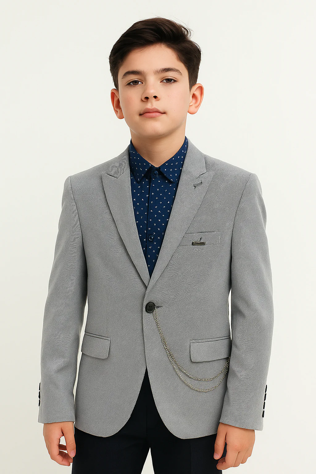 Boys’ Light Grey Slim Fit Blazer Jacket with Chain Detail