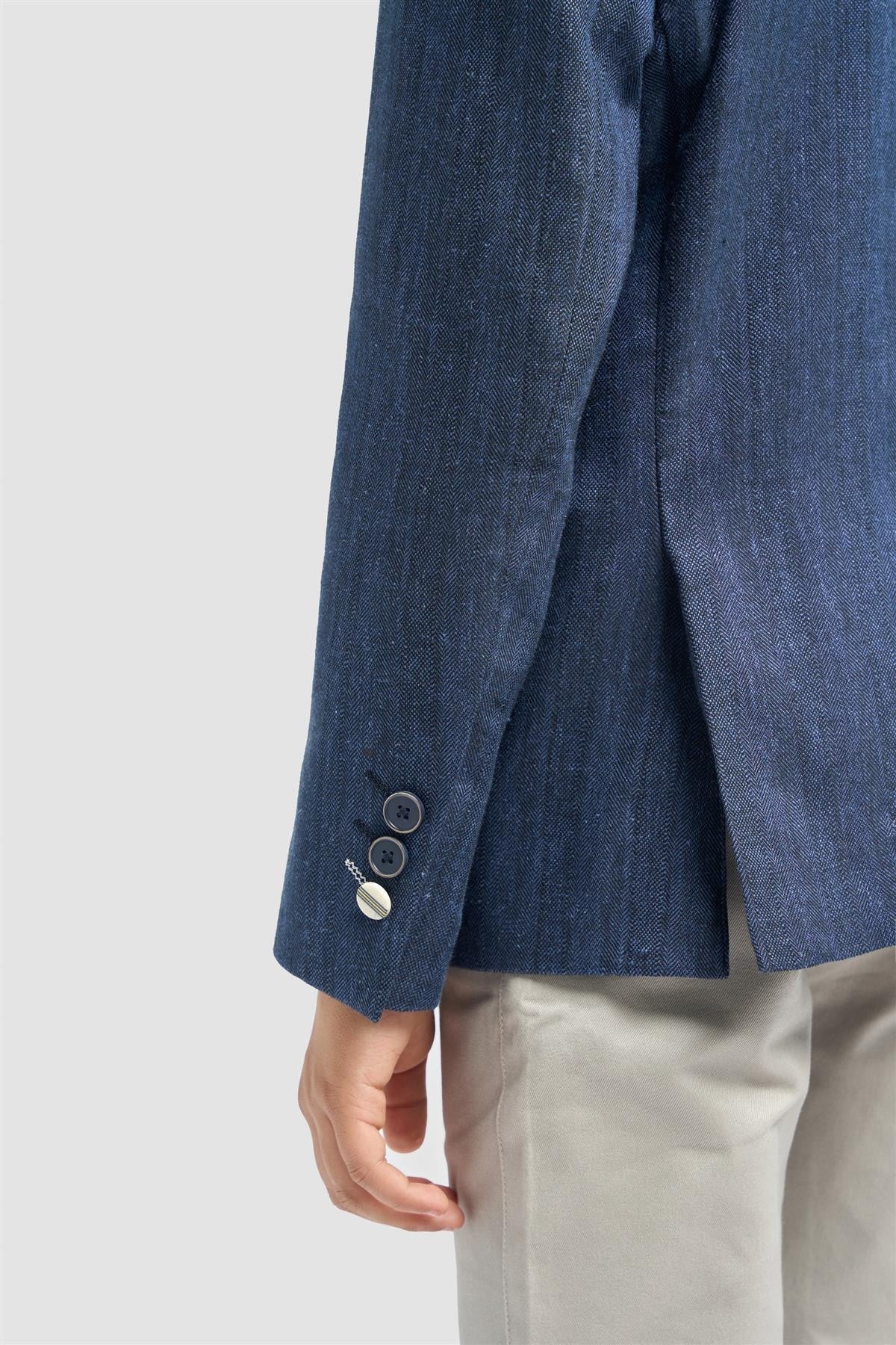 Boys’ Patch Pocket Linen Herringbone Blazer- Luigi - Navy Blue - Image 4