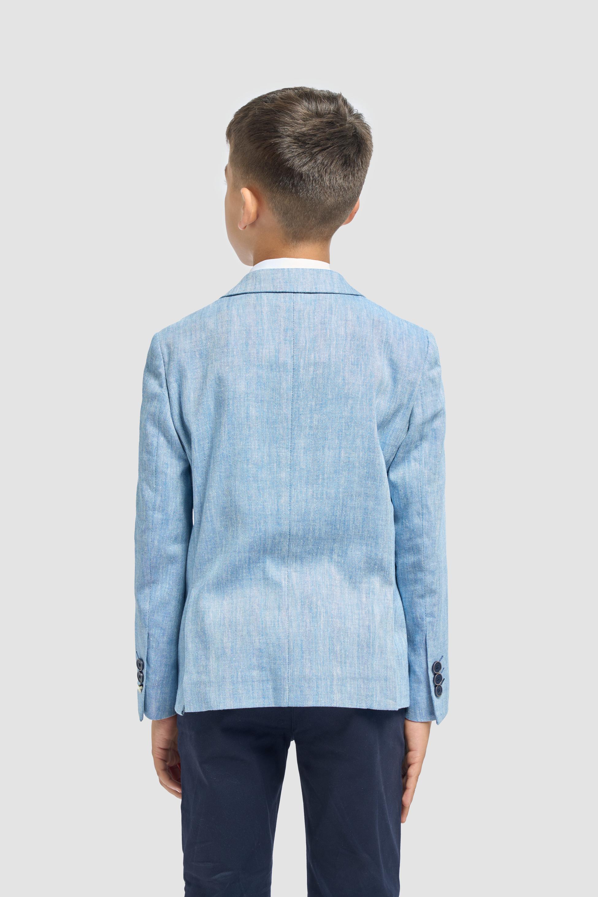 Boys’ Patch Pocket Linen Herringbone Blazer- Luigi - Sky Blue - Image 3