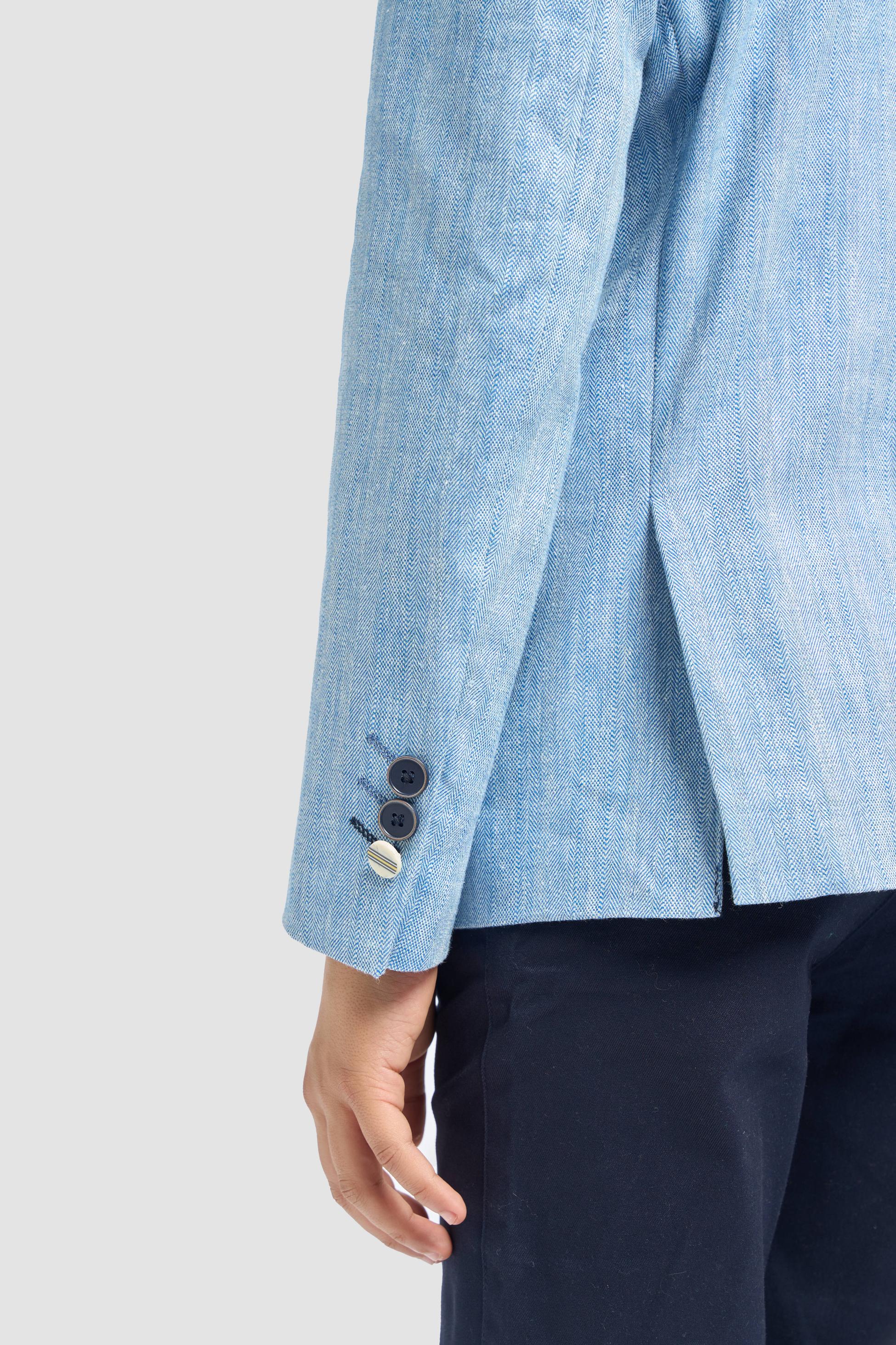 Boys’ Patch Pocket Linen Herringbone Blazer- Luigi - Sky Blue - Image 4