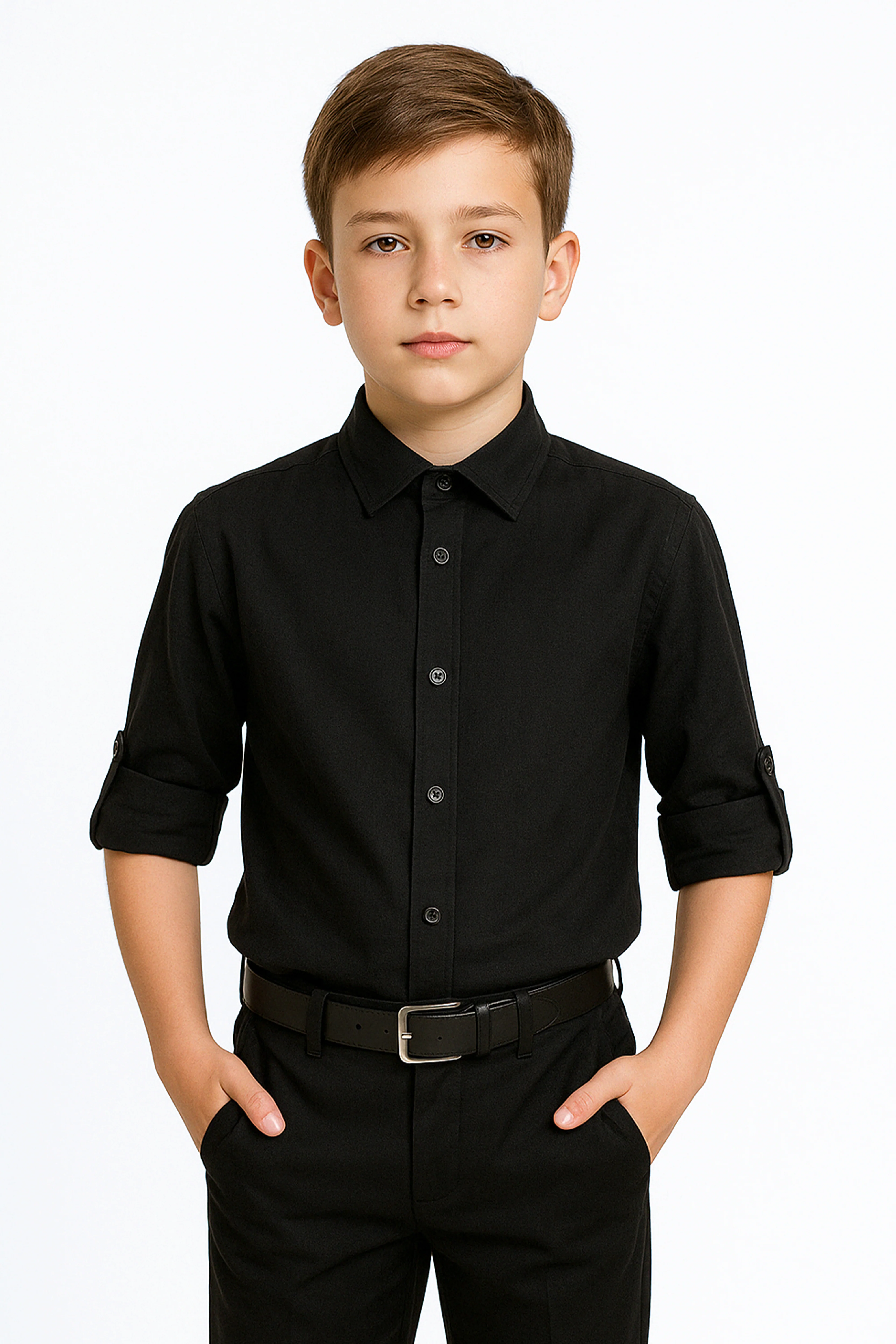 Boys Linen Roll Up Sleeve Shirt - Black