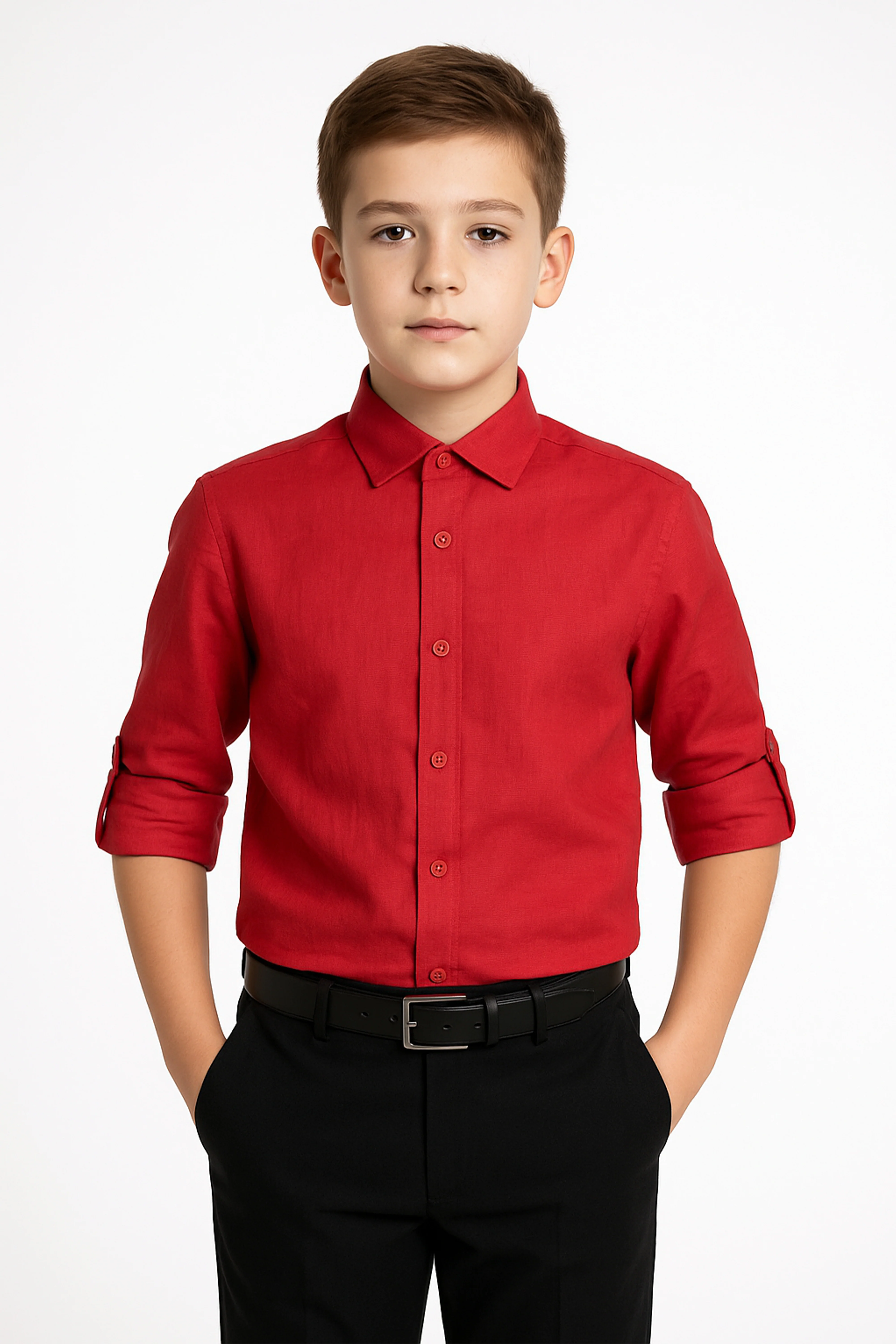 Boys Linen Roll Up Sleeve Shirt - Red