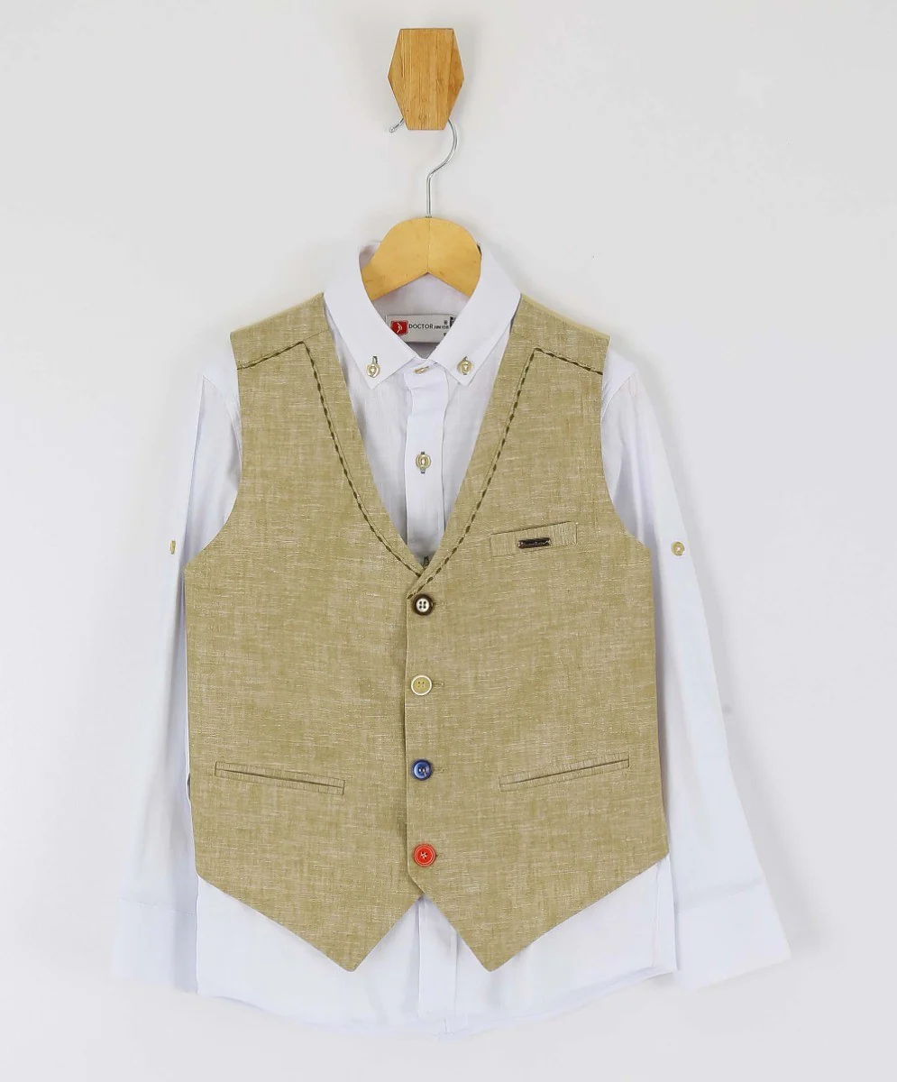 Boys Linen Single Breasted Waistcoat Suit Set - Mustard - Image 2