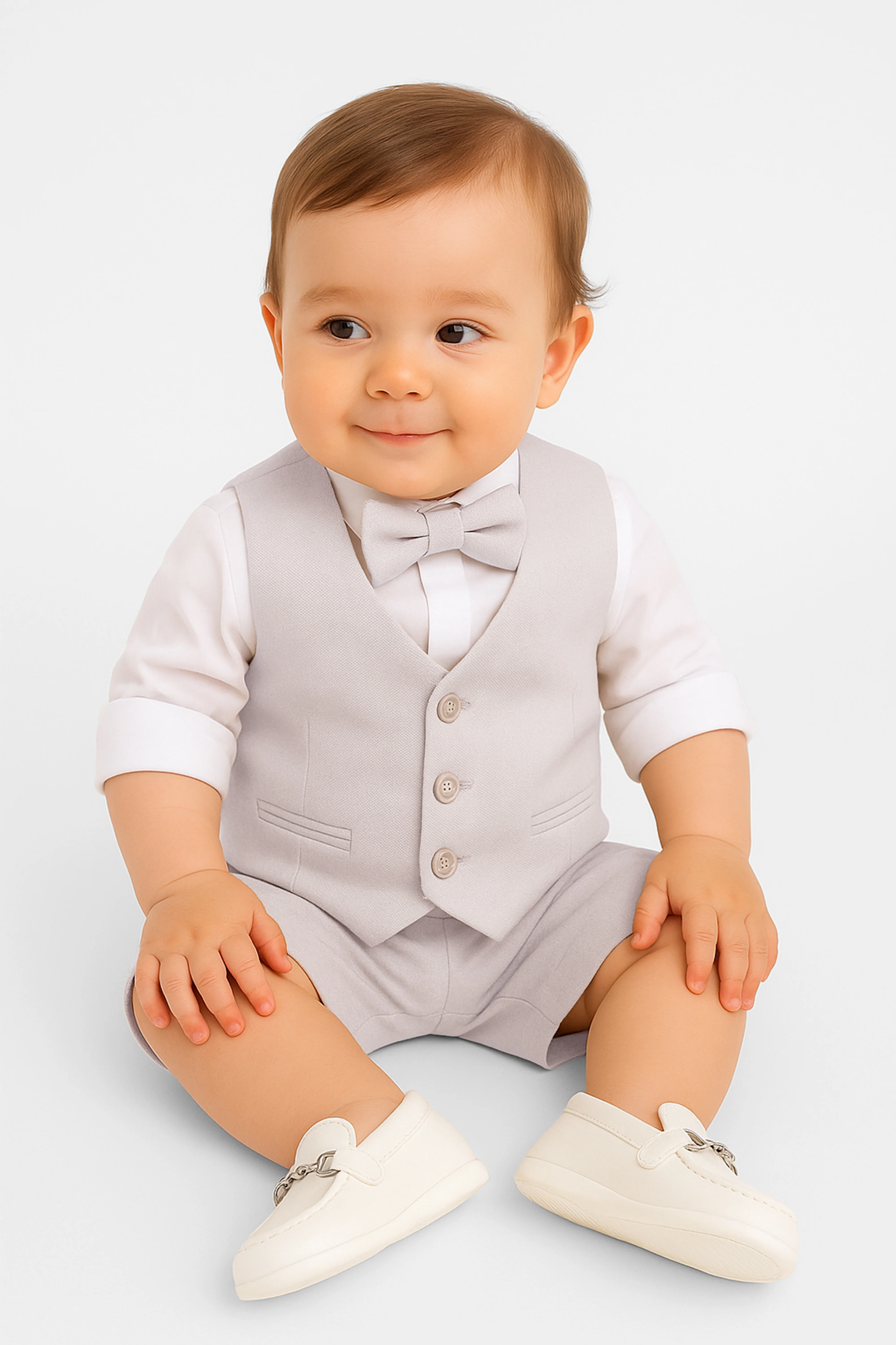Baby & Boys 4-Piece Cotton-Linen Waistcoat Shorts Suit Set - Light Beige - Image 3