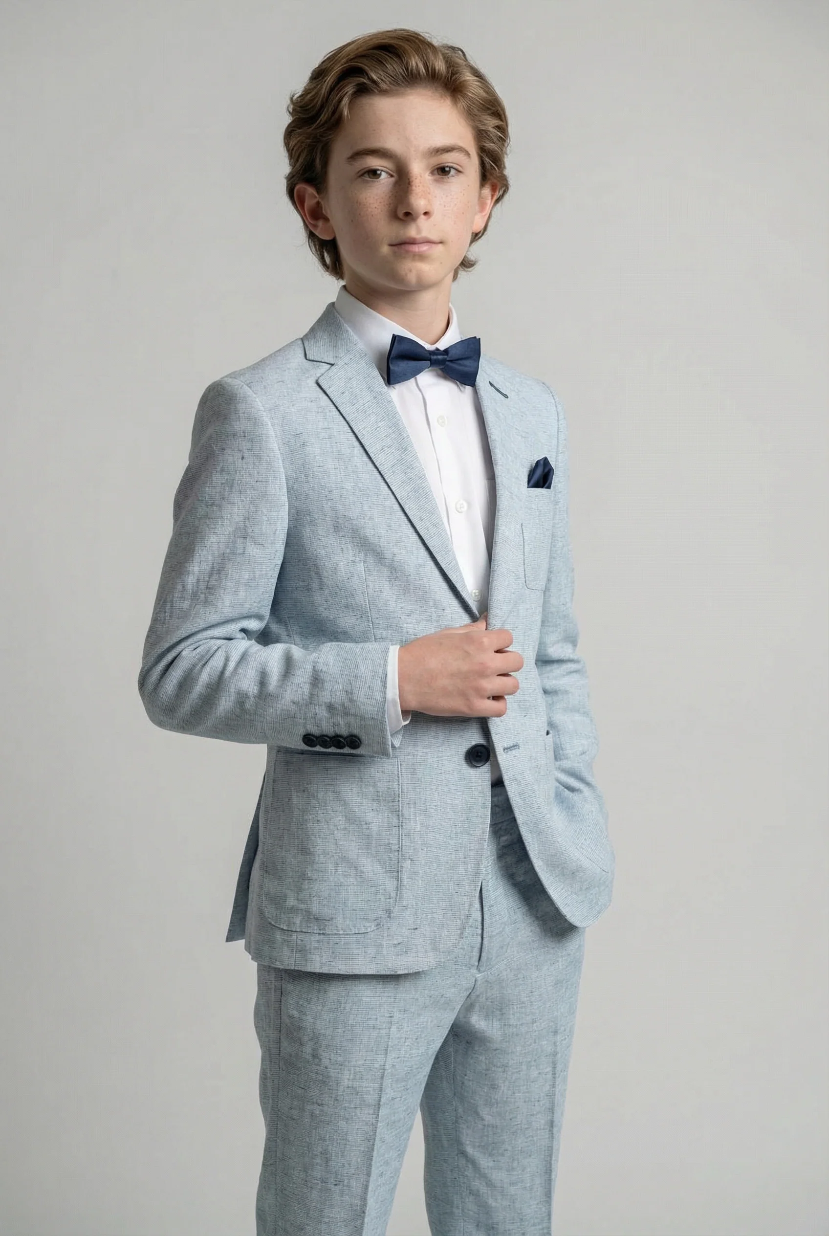 Boys Linen Suit with Elbow Patches - Pale Blue - Image 3
