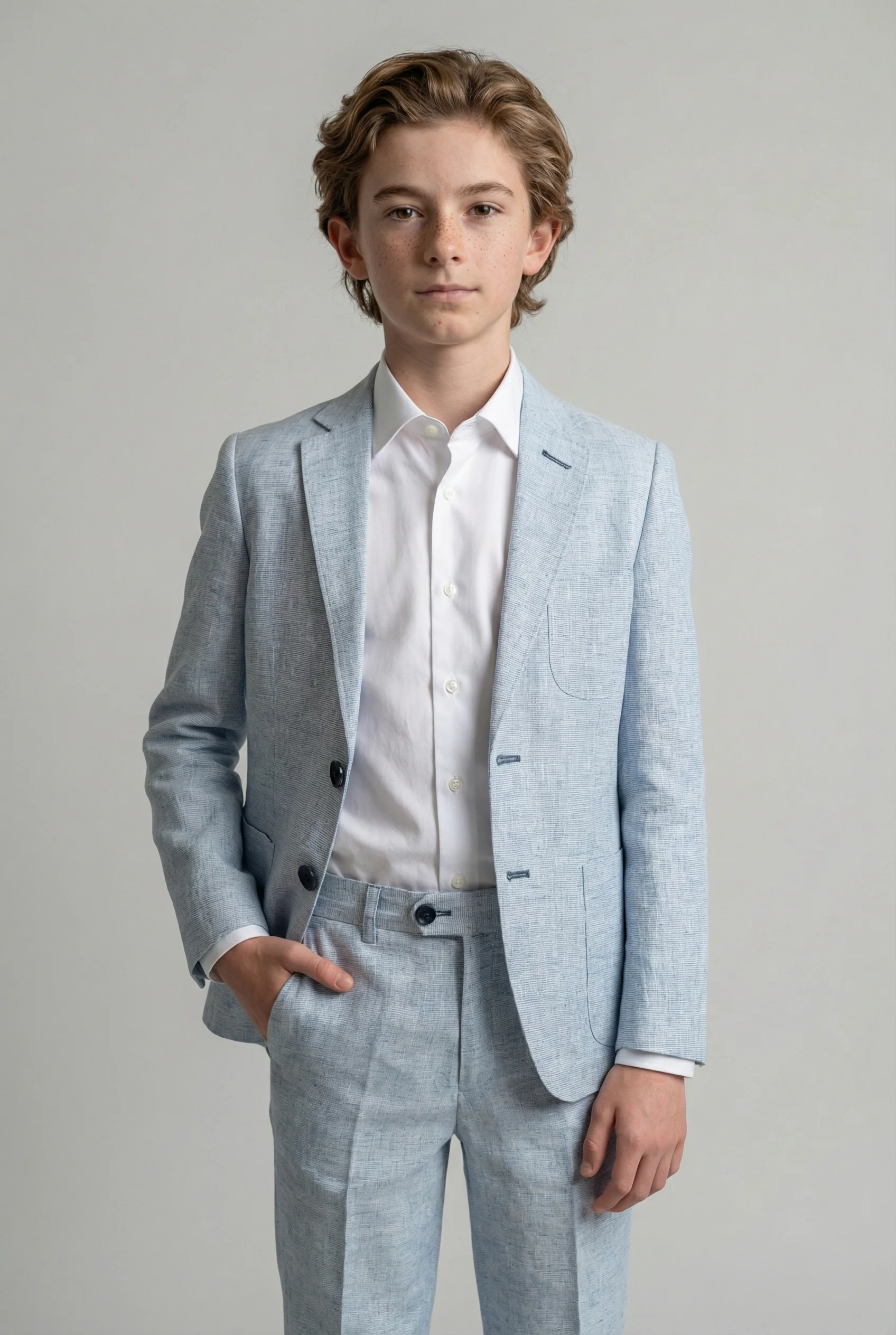 Boys Linen Suit with Elbow Patches - Pale Blue - Image 4