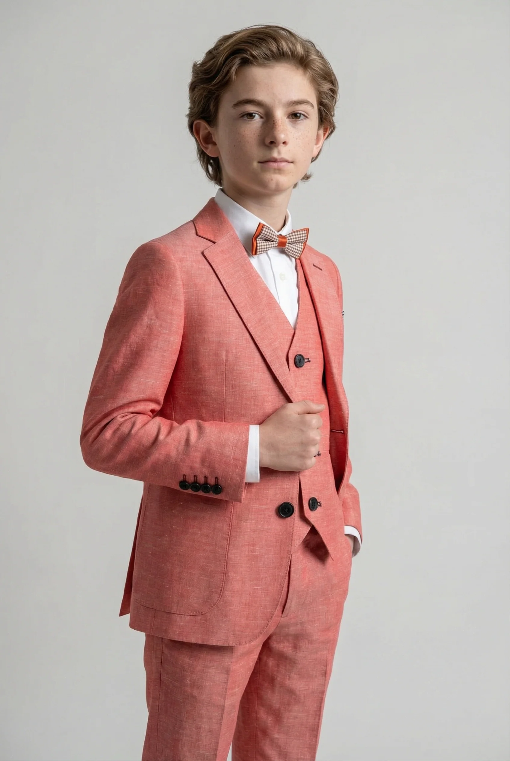 Boys Linen Suit with Elbow Patches - Red - Image 3