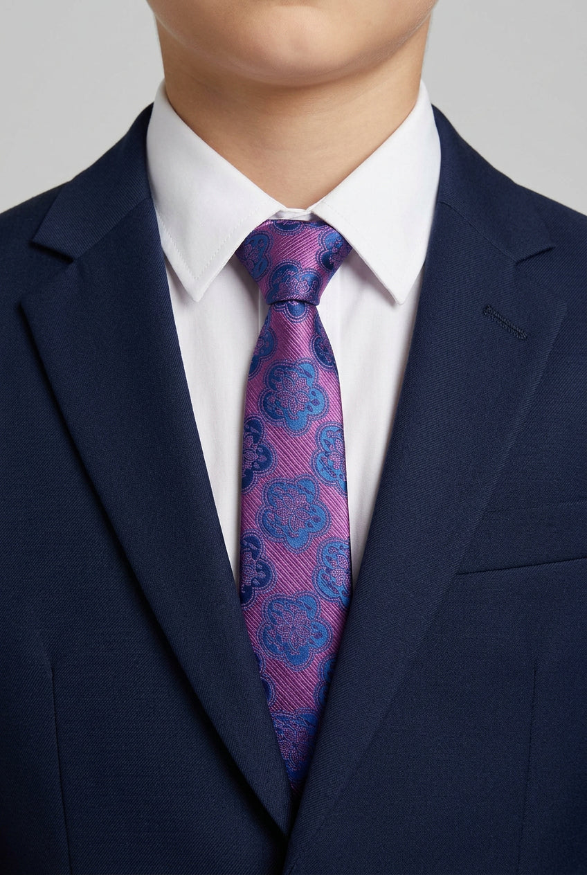 Boys Medallion Floral Jacquard Slim Tie - Purple & Navy - Image 3