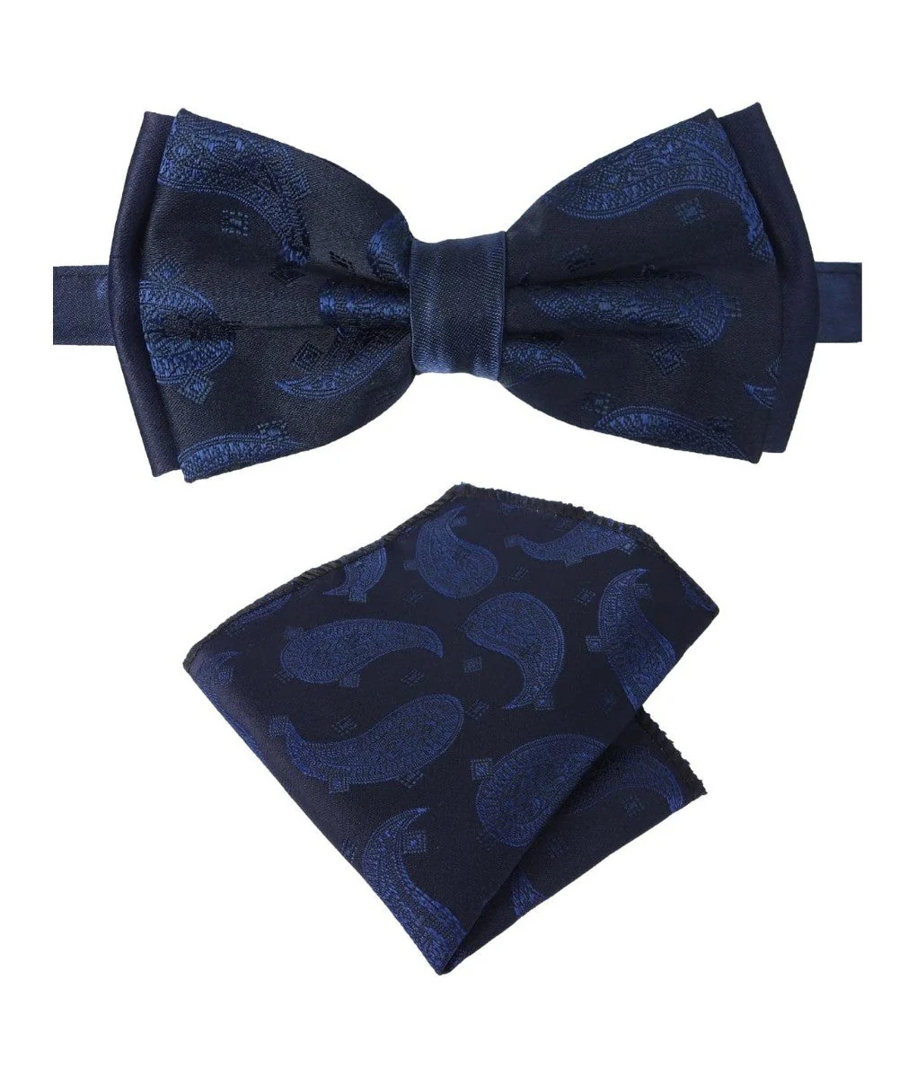 Boys & Men's Paisley Bow Tie and Hanky Set - Navy Blue - Image 2