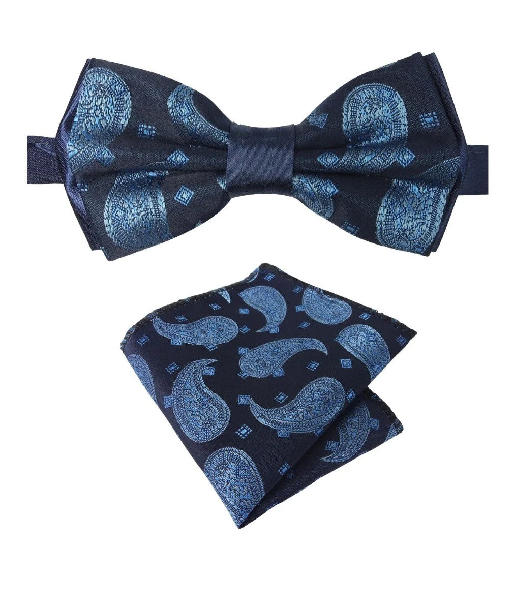 Boys & Men's Paisley Bow Tie and Hanky Set - Navy Blue - Image 6