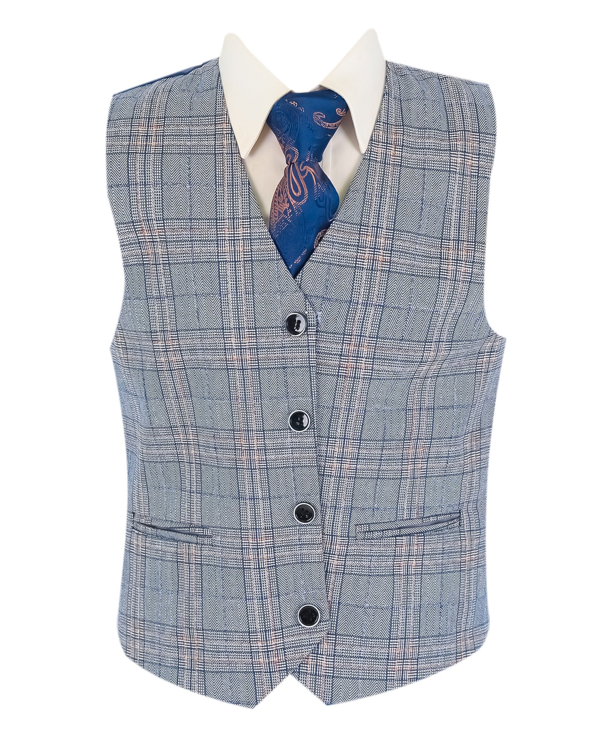 Boys Windowpane Check Slim Fit Suit - LEVI Blue - Image 6