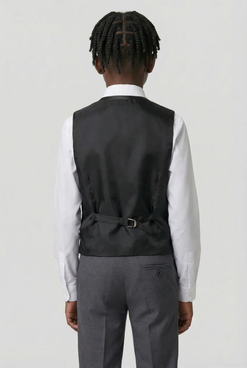 Boys Slim Fit Piping Grey Suit with Floral Waisctoat Set - Grey - Image 5