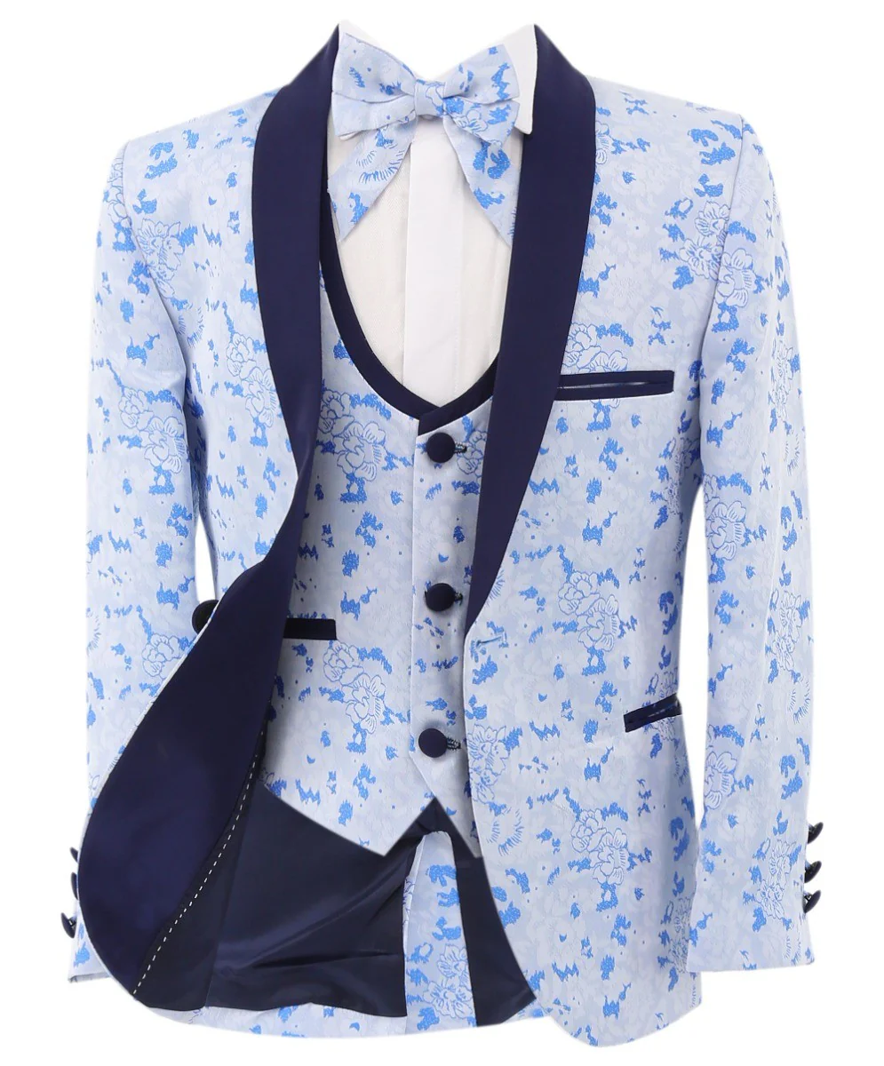 Boys Slim Fit Floral Blue Tuxedo Suit Set - Blue - Image 4