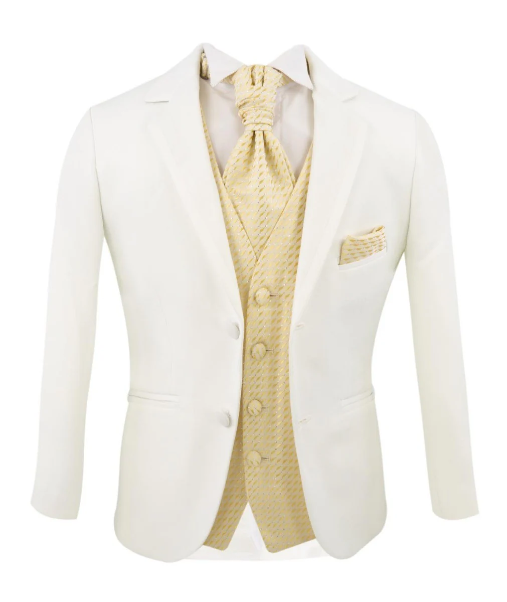 Boys White Suit with Gold Waistcoat and Cravate Set - Image 2
