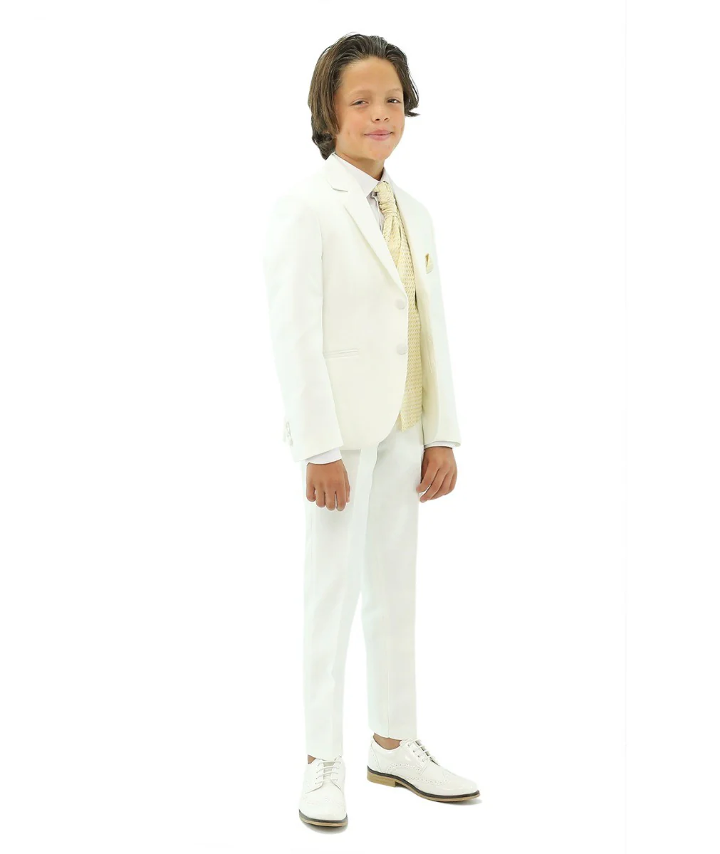 Boys White Suit with Gold Waistcoat and Cravate Set - Image 4