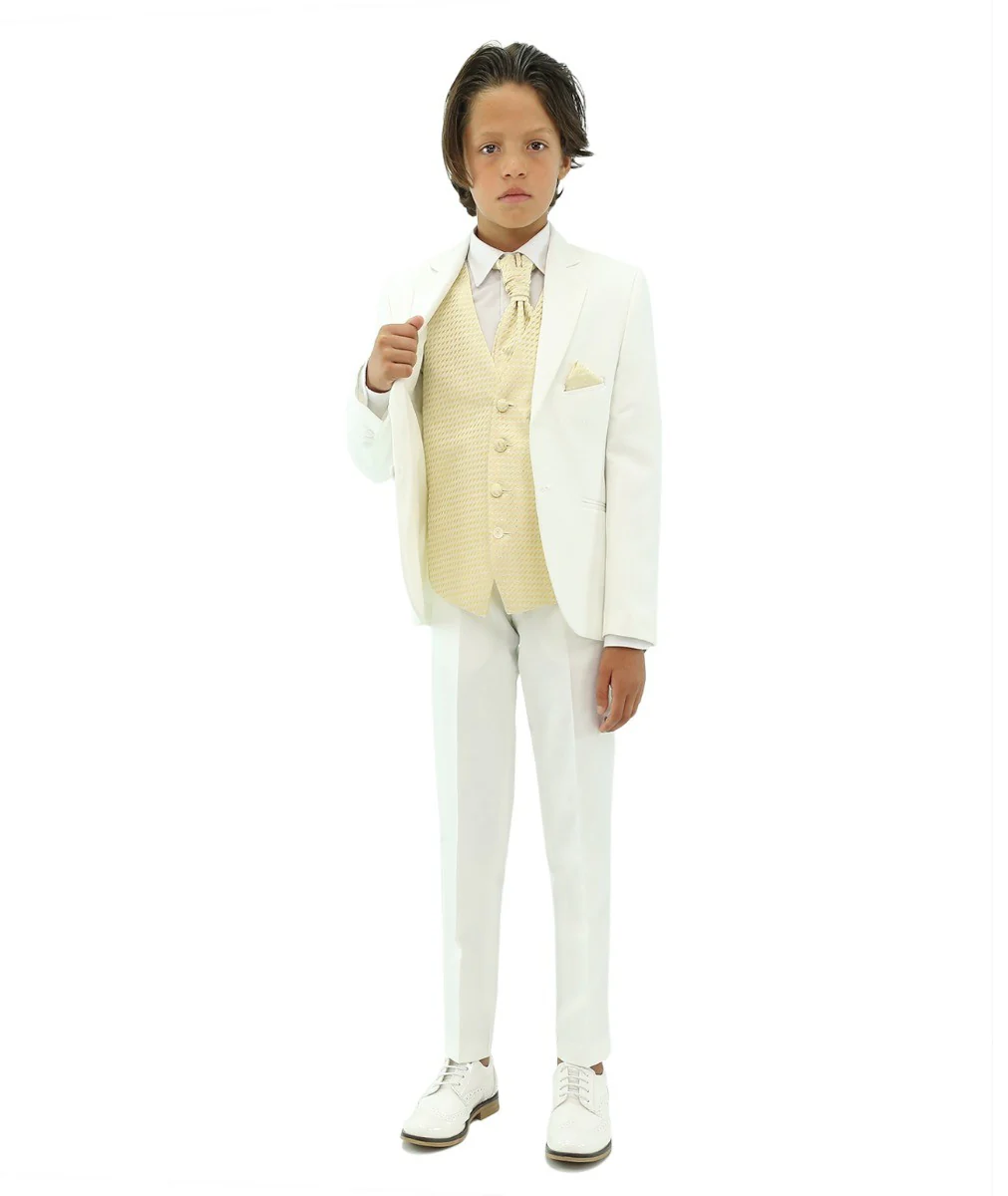 Boys White Suit with Gold Waistcoat and Cravate Set - Image 5