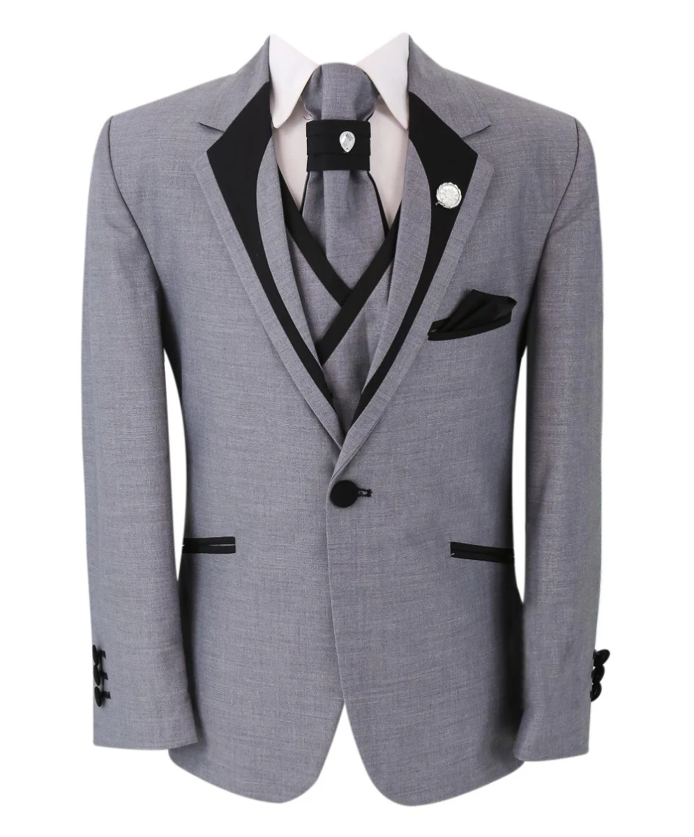 Boys Slim Fit Piping Grey Tuxedo Suit - Grey - Image 2